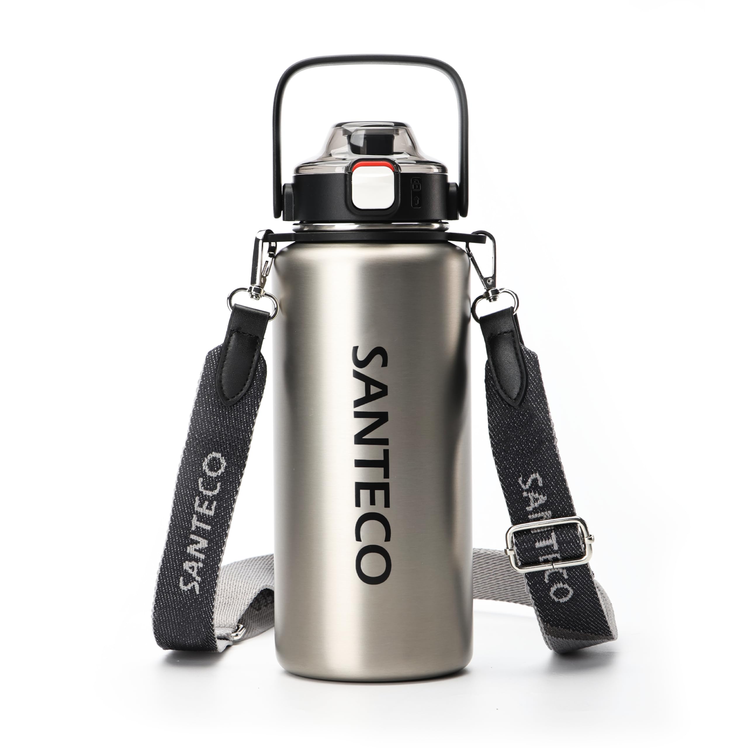 SANTECO 水筒 真空断熱スポーツボトル 1.2L 取りはずしでき肩に 保冷 保温 魔法瓶 ストロー付き 直飲み スポーツドリンク対応 おしゃれ 広口 シルバー