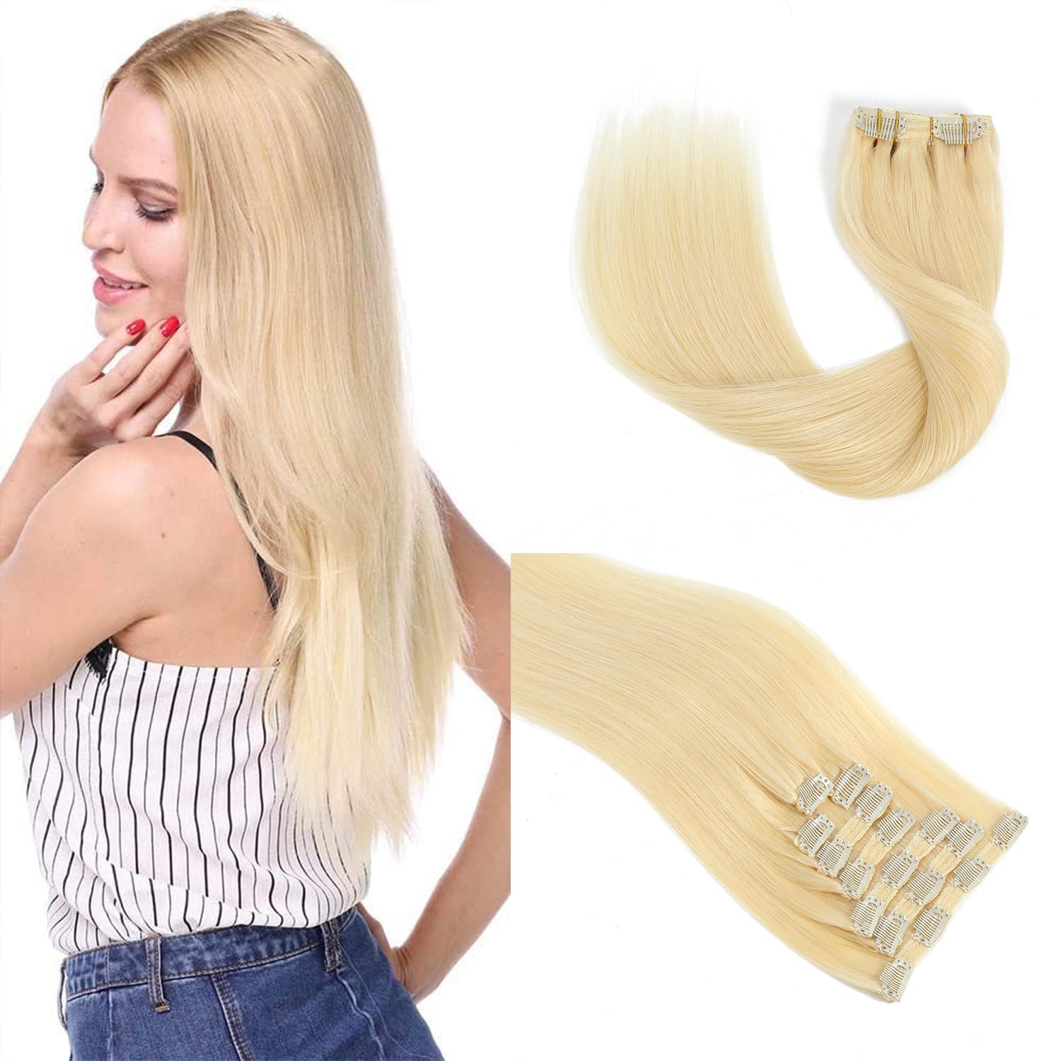 14'' Double Weft Clip in Hair Extensions Real Human Hair Full Head 8 Pieces 100g Silky Straight -100% Real Remy Human Hair Lace Weft Clip in Human Hair Extensions (14 Inch 100g, #613 Bleach Blonde)