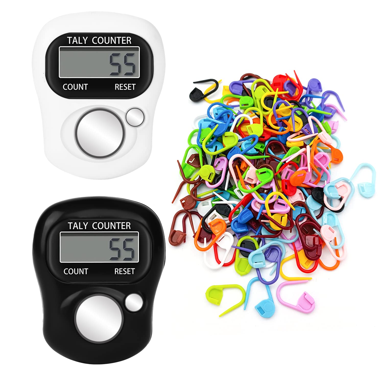 2-Piece Finger Counter with 100-piece Knitting Positioning Mark Buckle, Digital Display Counter, Mini Counting Tool, 5-Digit Resettable Counter, Suitable for Weaving and Sports.
