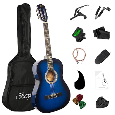 BESYOU 38in Beginner Acoustic Guitar Basic Starter Kit Tuner Bag Capo Strings Winders Strap Picks Student/Kids Guitar Pickguard with Gig Bag Blue