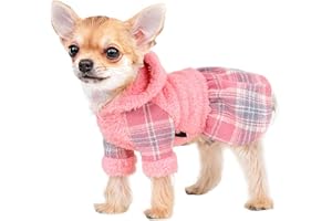 SEBAOYU Winter Dog Dress, Cute Warm Fleece Dog Hooded Sweater, for Small Dogs Girl, Pink Plaid Puppy Dresses Clothes for Chihuahua Yorkie,Cat Apparel (Pink, XX-Small)