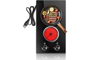NEFARACY 2 Burner Electric Cooktop 110V, 12 Inch Electric Cook Top Plug in, 2000W Electrics Stove with Knob Control, Countertop & Built-in Ceramic Stovetop, 9 Heating Level, Residual Heat Indicator