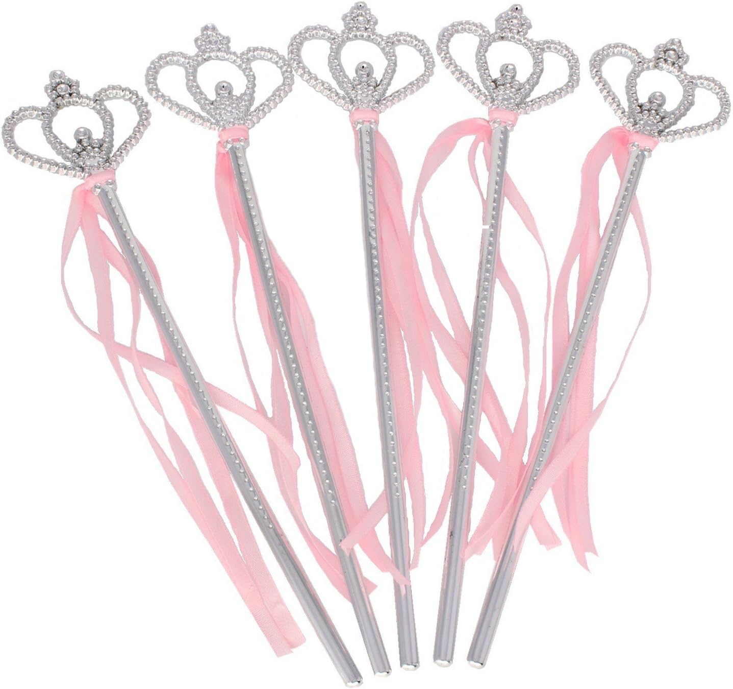 Princess Wands Princess Party Supplies Princess Dress Up Princess Crown Style Wands with Pink Silk Ribbon(5 Pack)