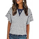 Acelitt Women Crewneck Short Sleeve Striped Tops,S-XXL