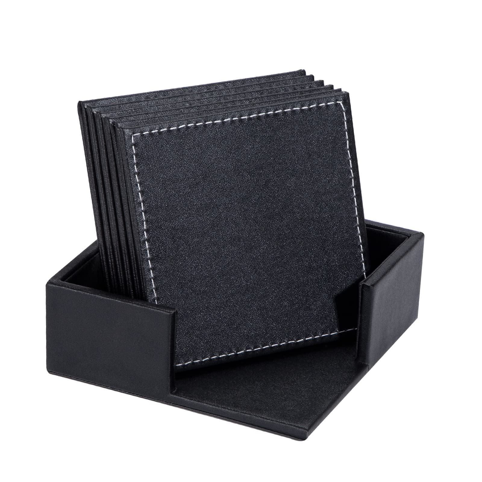 Drink Coasters PU Leather Coaster Black Cup Pad Square Coffee Drink Mat for Home and Bar Set of 6 with Holder