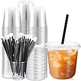 Ziliny 100 Set 10 oz Clear Plastic Cups with Lids and Straws, Disposable Iced Coffee PET Cups for Drinking Cold Beverage Juice Parfait Smoothie Milkshake Coffee Shops Party Supplies