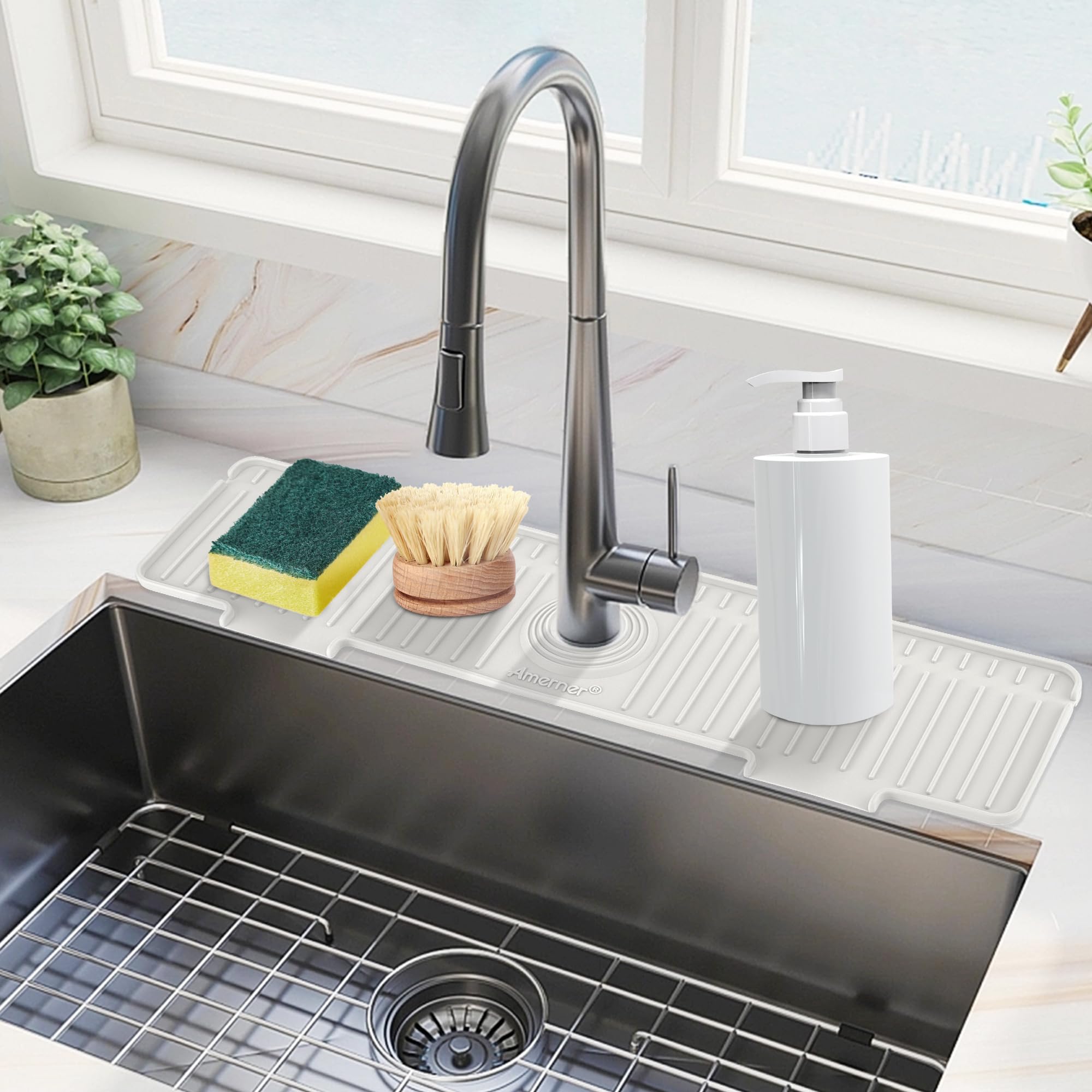 Photo 1 of Kitchen Sink Splash Guard, 20IN Longer Silicone Faucet Guard & Draining Mat, Bathroom and Kitchen Sink Organizer, Sink Faucet Mat Water Splash Guard Behind Faucet Accessories Gadget, 20” x 5.5”, White