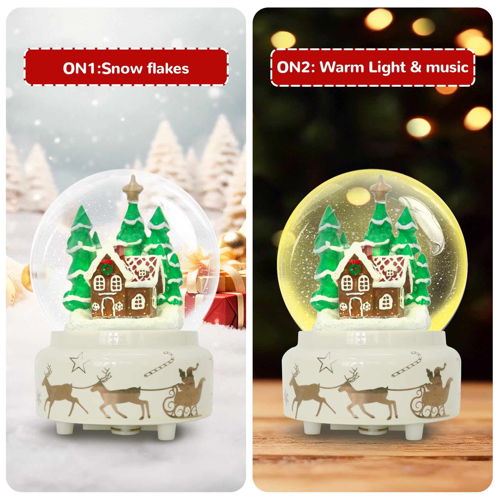 GIYBIGM 6.5Inch Height Christmas Snow Globe with Gingerbread Man House on Ceramic Base LED Light Musical Snowflakes Holiday Decoration, Holiday Home Decor, Large Illuminated Glitter Water Globe.