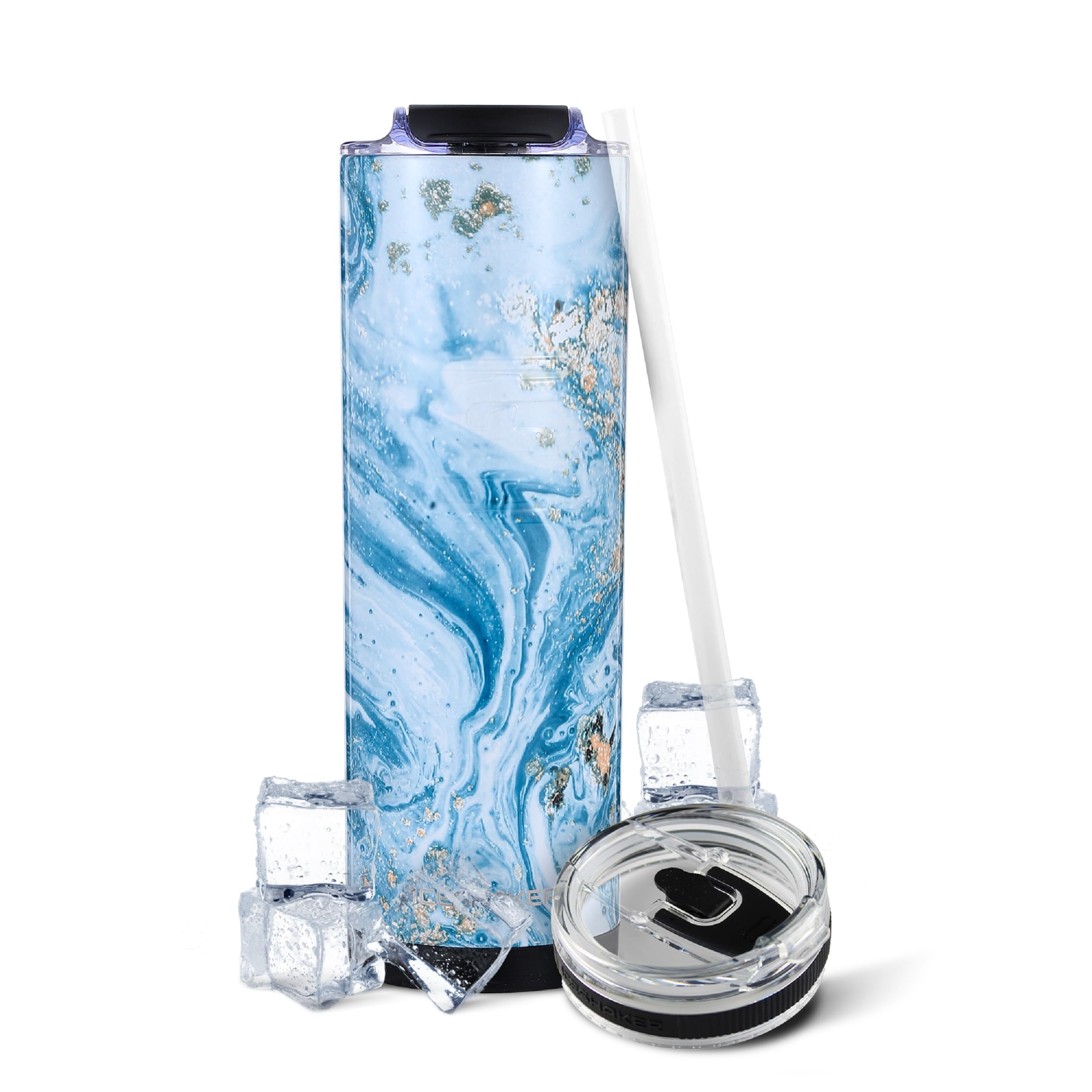 Ice Shaker Insulated Stainless Steel Tumbler | 20 oz, Blue Marble | 24+ Hours Cold & 6+ Hours Hot | Removable Straw and Drink Spout | Odor-Free Tumbler Cup Water, Coffee, Tea, Smoothies, Cocktails