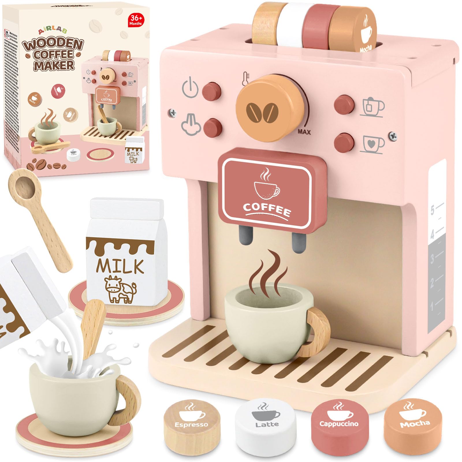 Airlab Wooden Coffee Machine Toy, Pretend Play Kitchen Accessories, Barista Shop Role Play Set with Toy Food, Outdoor Picnic & Afternoon Tea Party Toys for Girls Boys Age 3-5 Years