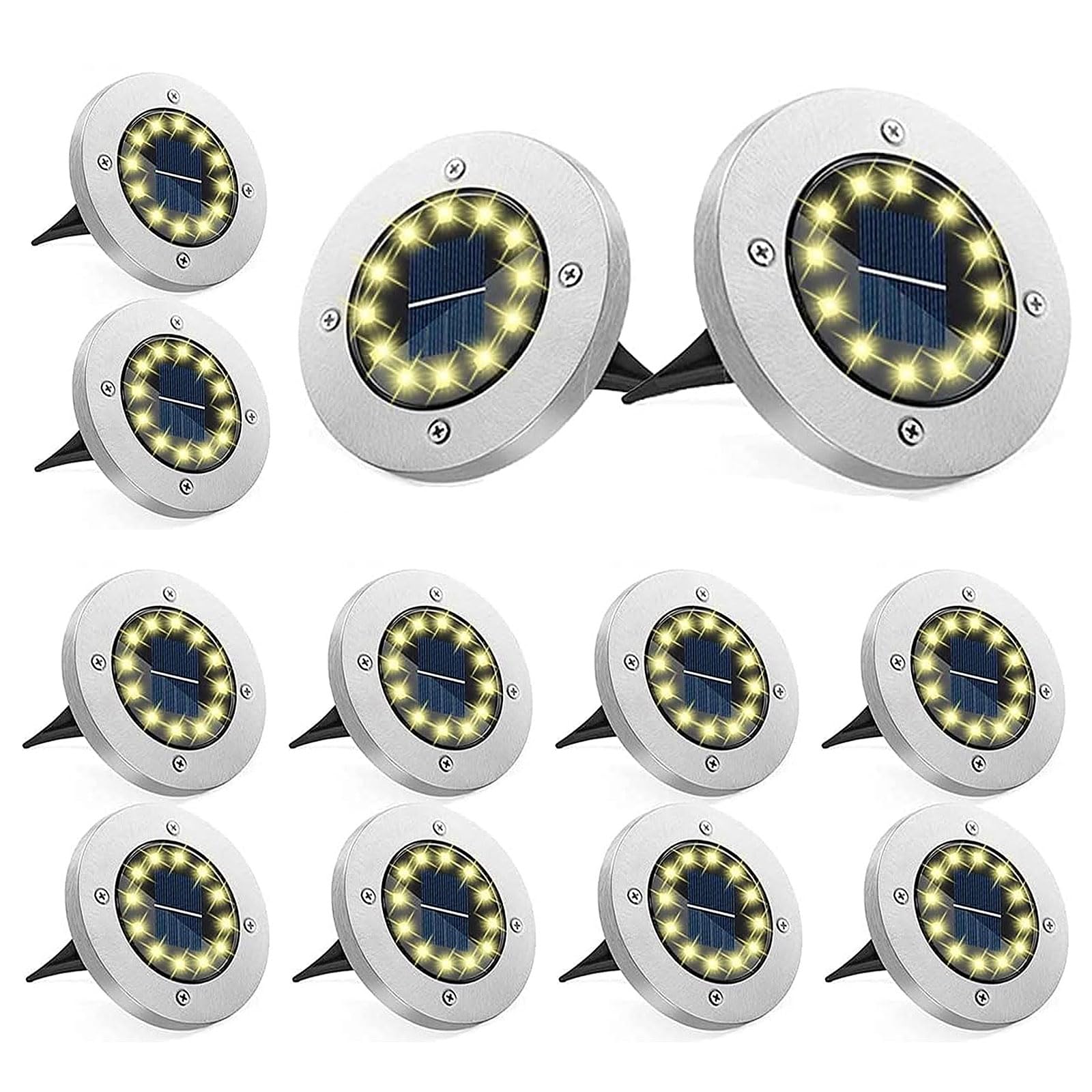 Bzavor Pack of 12 Solar Floor Lights Outdoor, 12 LEDs Solar Lights for Outdoor Garden Weatherproof, 3000 K Warm White LED Solar Garden Lights, Solar Lights for Lawn, Driveway, Walkway, Patio, Garden