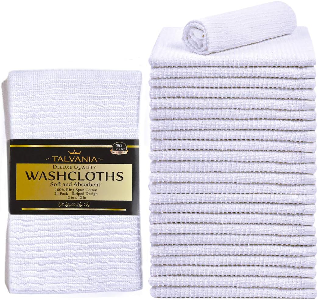 Talvania White Cotton Washcloths - Pack of 24 - Super Absorbent Ribbed Terry Towels Ideal for Body Scrub Gym Spa Multi-Purpose Home Kitchen Cleaning Towel - 12 X 12 Wash Cloth - 100% Ring Spun Cotton: Kitchen & Dining