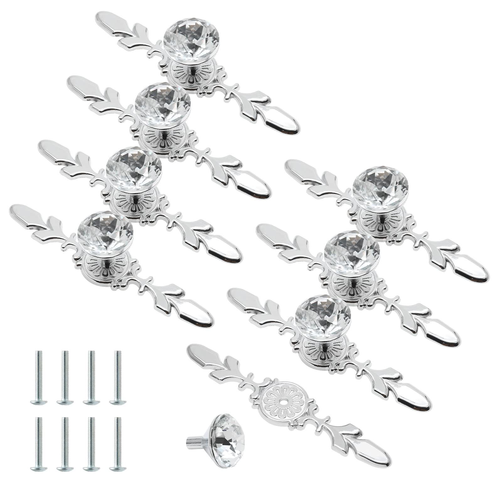 Cjueiom 8 Pack Crystal Cupboard Door Handles 116mm Diamond Drawer Knobs Plate, Wardrobe Glass Decorative Cabinet Knobs, Pull Kitchen Chest of Drawers, Silver, 4.57 inch