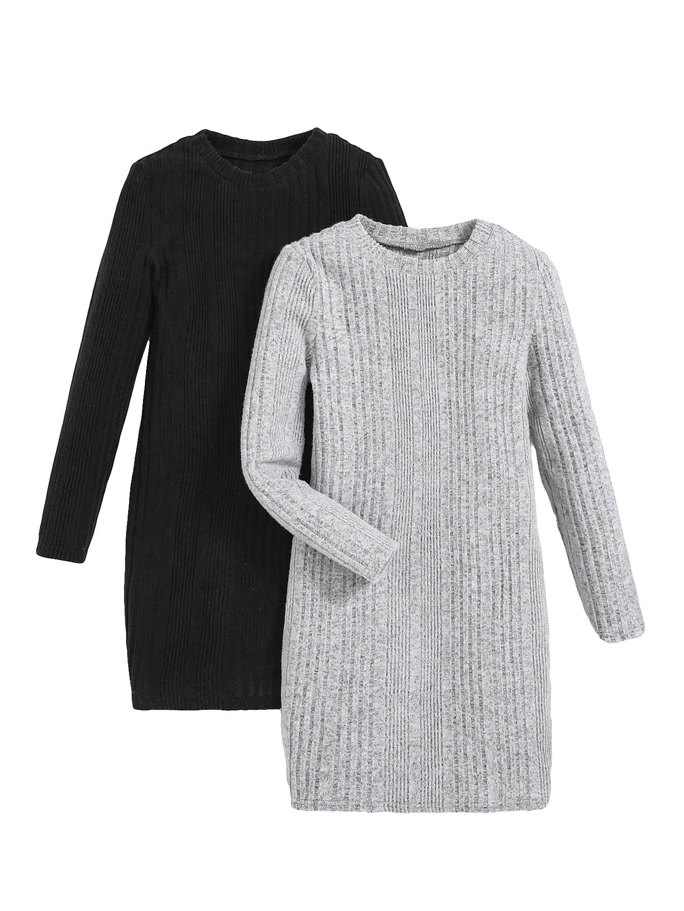 Photo 1 of (ONLY BLACK DRESS)  SHENHE Girl's 2 Packs Ribbed Knit Long Sleeve Crewneck Tshirt Dress Bodycon Knee Length Dress Black and Grey 8Y