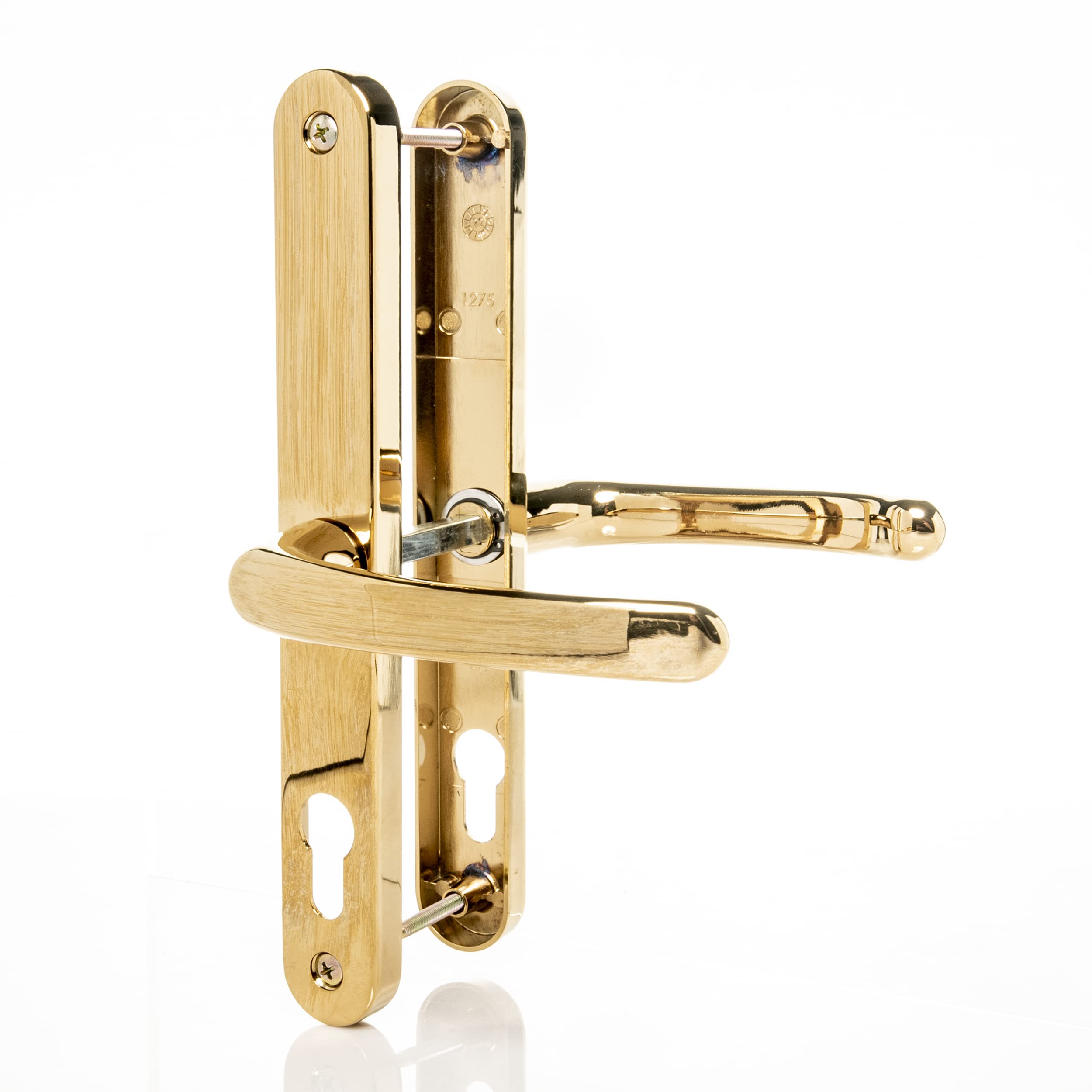 UPVC Door Handles Set Suits Fullex Locks - Polished Brass - Lever/Lever - 68mm PZ (Centres) - 215mm Screw to Screw - Backplate 245mm X 32mm - UPVC Door Handle - Brass Replacement PVC Door Handle