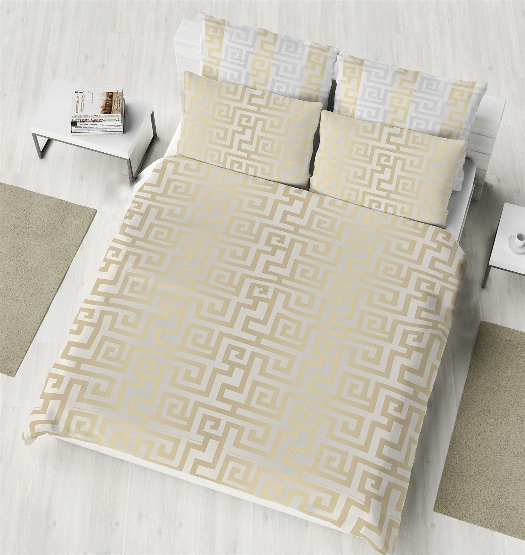 K Collection Athena Duvet Cover - Greek Meander Reversible Bedding Set - Greek Key Design - 100% Cotton - Double - Cream/Gold