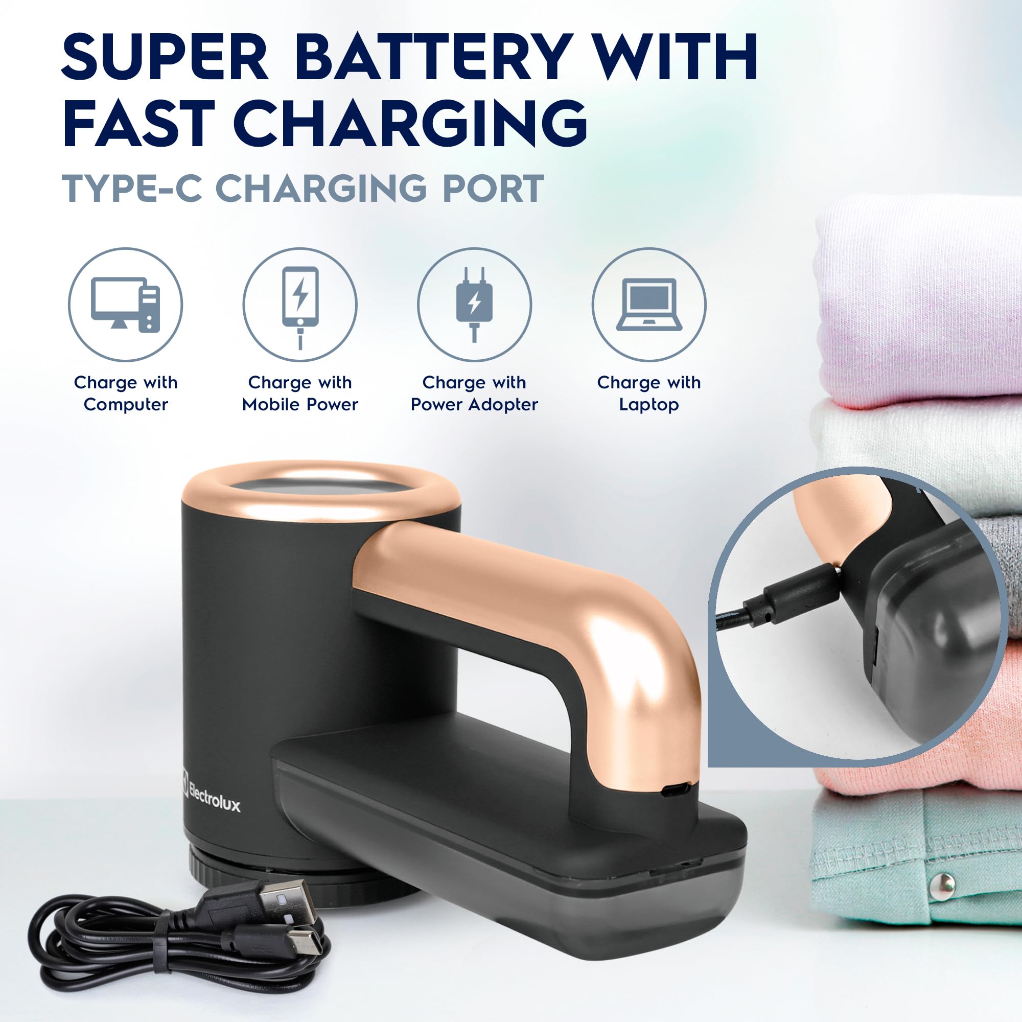 Electrolux Rechargeable Fabric Shaver | 3-Speed Lint Remover for Clothes & Furniture | Eliminates Fuzz & Pilling | Electric Lint Shaver with LED Display & Type-C Fast Charging Port - Black