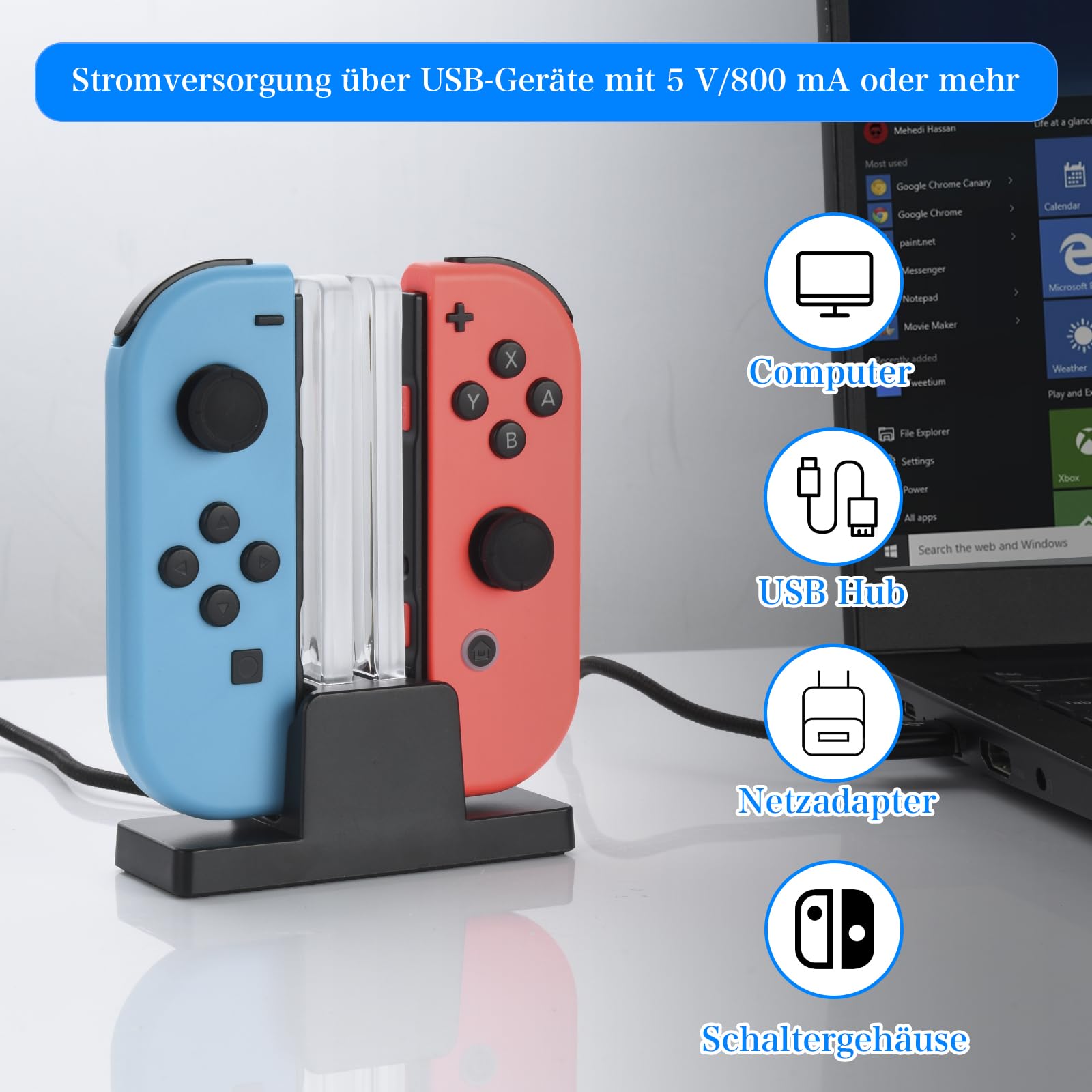 ELUTENG Ladestation für Switch Controller, Controller Ladestation Kompatibel mit Nintendo Switch JoyCons, Ladesta Tion mit LED Anzeigeleuchte Und 3-3Ft Typ-C USB Ladekabel 4