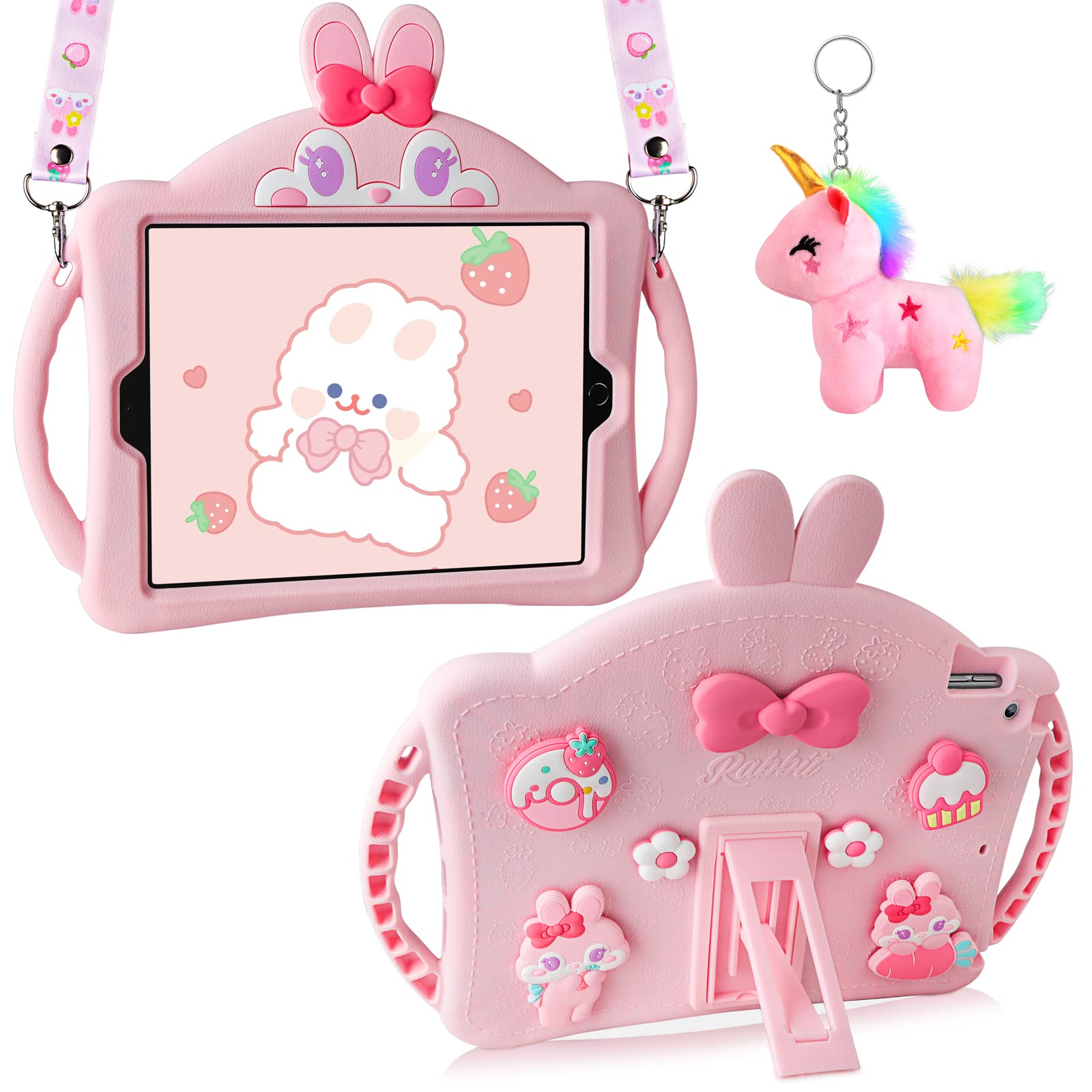 Aolcev for iPad 9th/8th/7th Generation Case 10.2 inch for Girls Kids Heavy Duty Shockproof Silicone Case with Kickstand Lanyard Keychain Tablet Protective Cover for iPad 10.2'' 2021/2020/2019-Pink