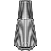 American Atelier 37 oz Vintage Bedside Water Carafe with Tumbler – 9.25" Ribbed Glass Pitcher with Cup Lid for Bedroom, Guest Room, Office, Vanity, Decorative & Practical Drinkware (Gray)