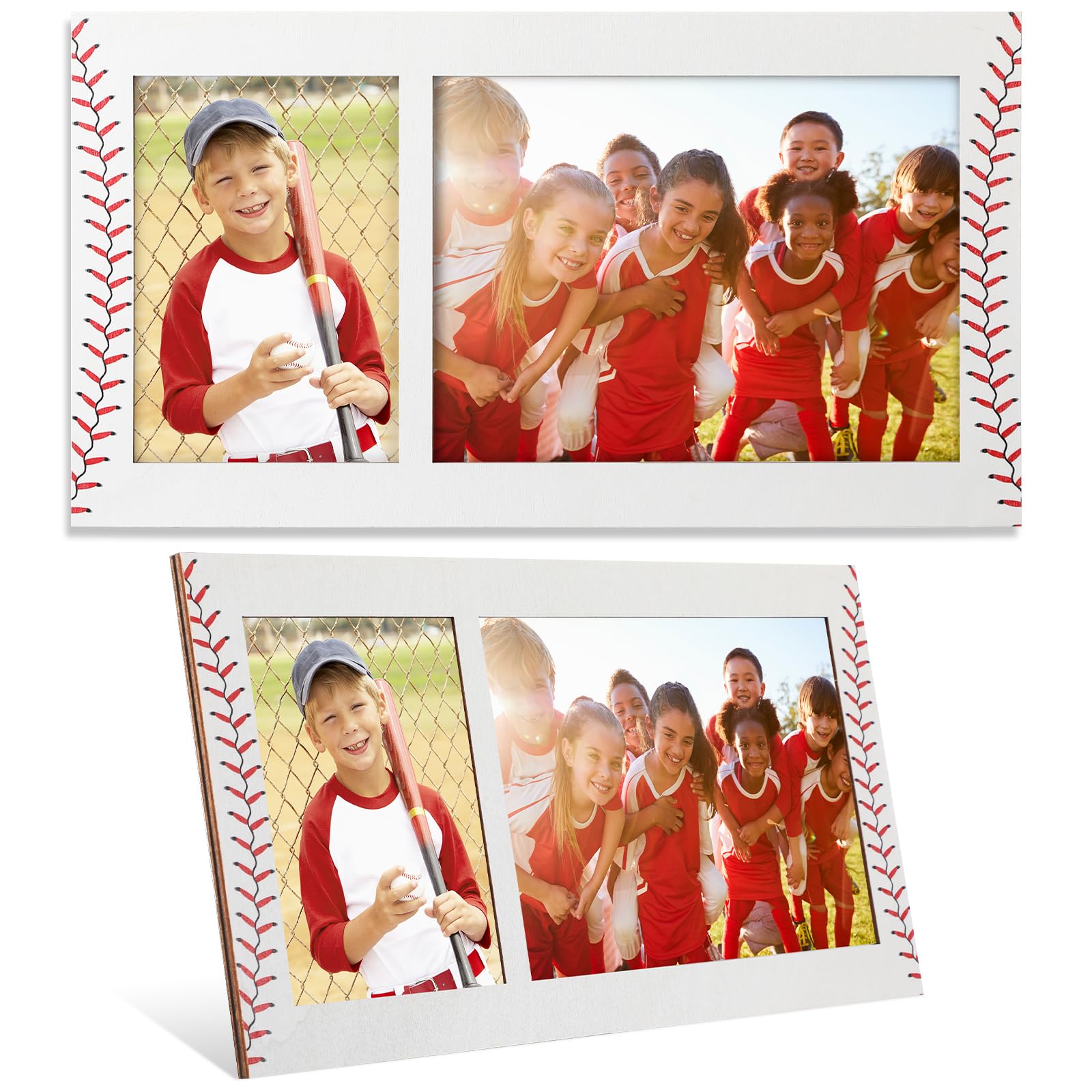 Photo 1 of Yuntau 2 Pcs Baseball Picture Frame for Two Photos Measuring 3x5 and 7x5 Inches Wood Photo Frames Gifts Baseball Decor for Team Player Coach Home Tabletop Display