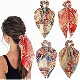 Jewemia Boho Hair Scarf Scrunchies for Women Bow Hair Ties Floral Hair Scrunchies Silk Elastic Ponytail Holder Hair Accessories for Girls 4 pcs (Boho)
