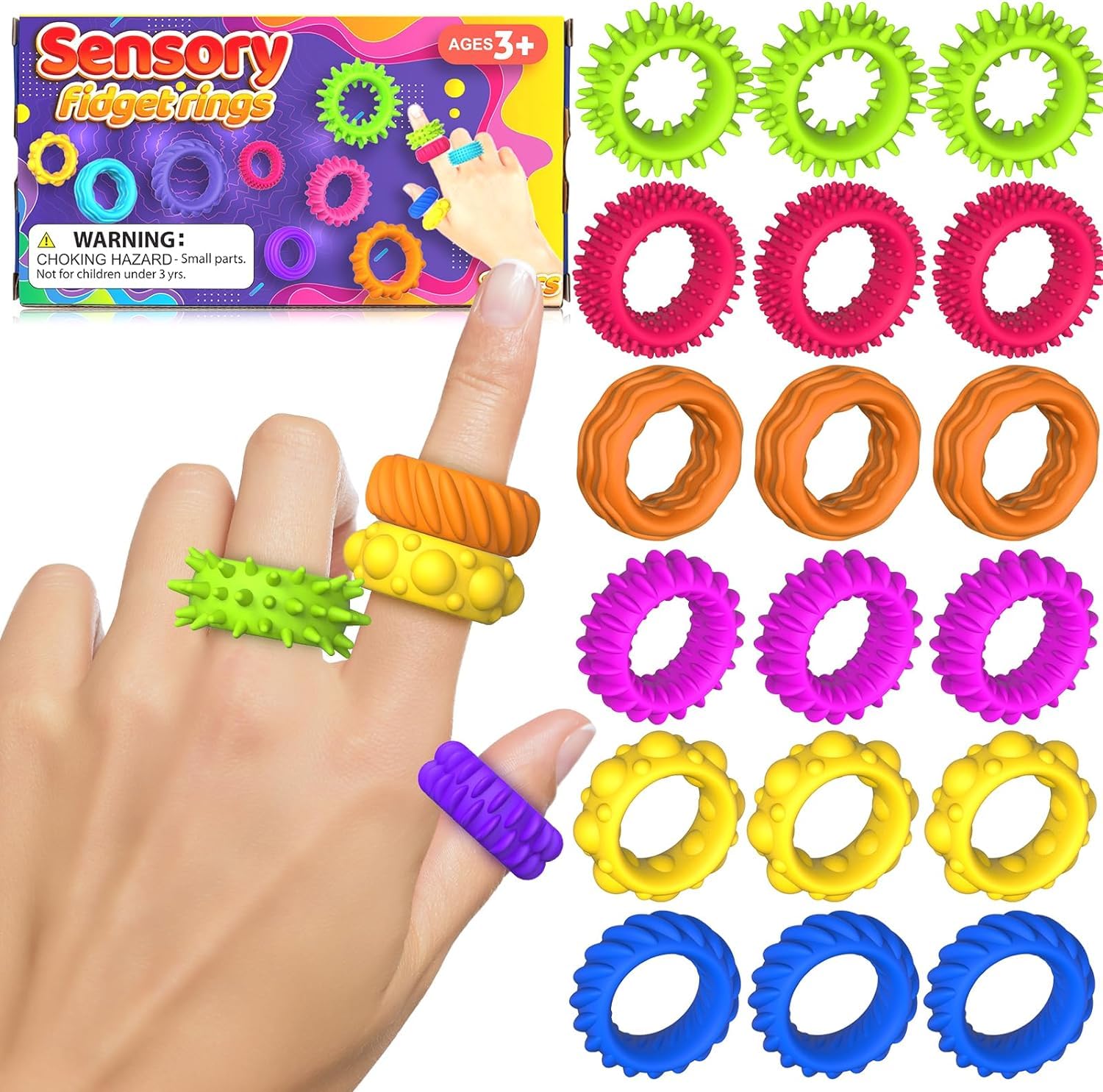 Fidget Sensory Rings for Autism, SMALL FISH 18 Pack Fidget Ring Sensory Toys for Kids Adults - Anxiety Relief Toy Fidget Finger Toys for ADHD Class School