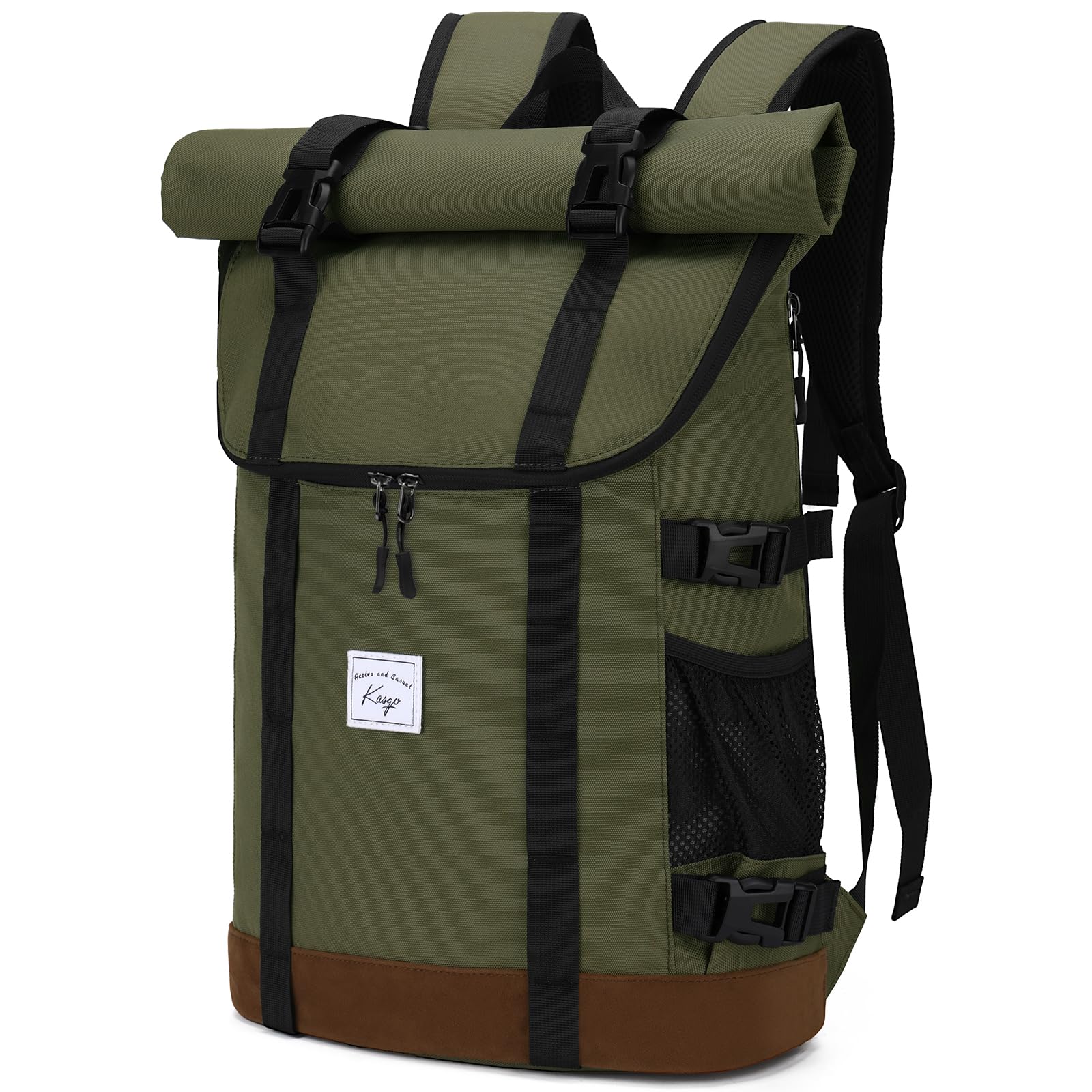 Kasgo Laptop Backpack for Men, Water Resistant 15.6 inch Vintage Roll Top Rucksack Bag College School Backpack Casual Daypack for Women Teens Travel Work Hiking, Army Green