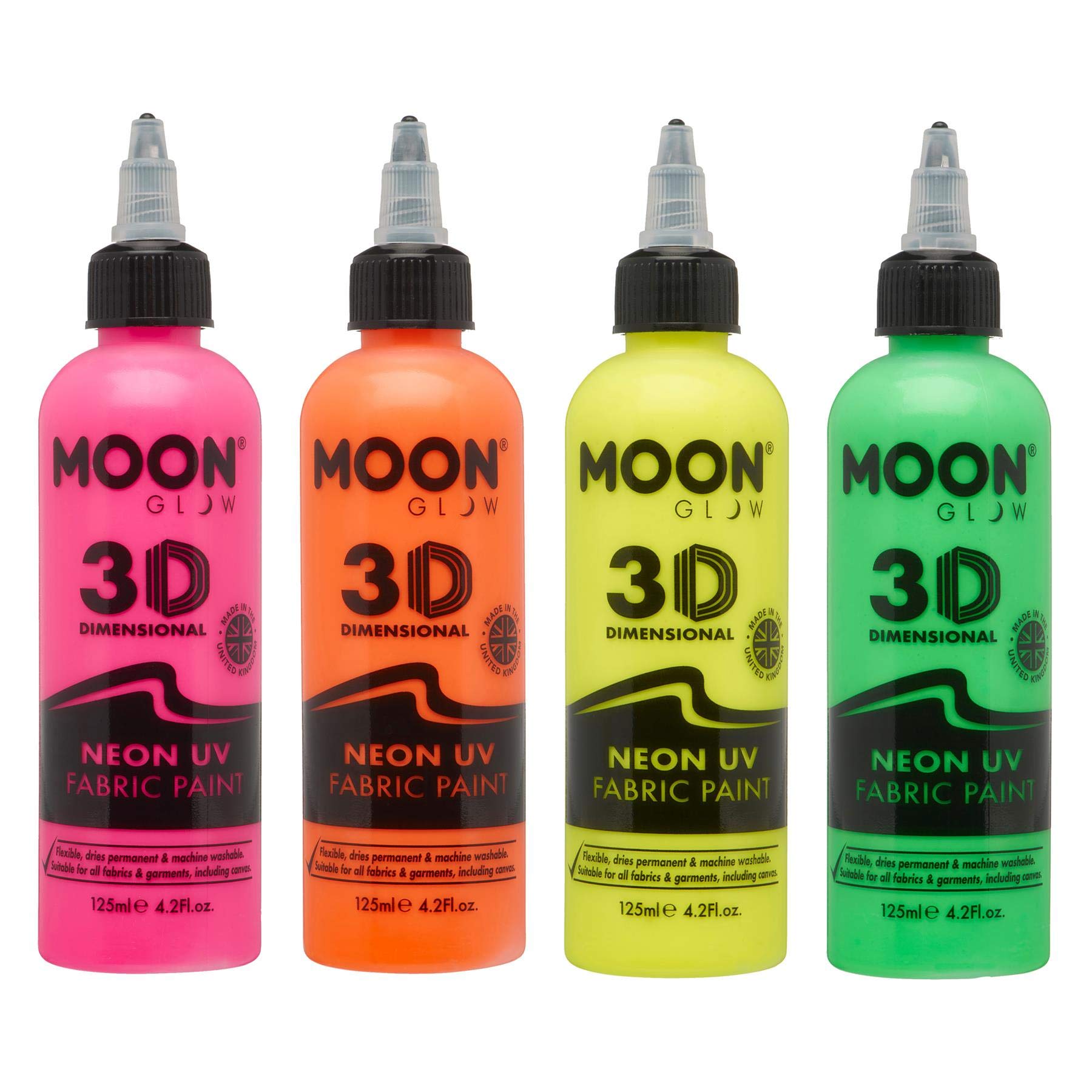 Moon Glow - Neon UV 3D Fabric Paint - 125ml - Textile paint for clothes, t-shirts, bags, shoes & canvas (Set of 4)