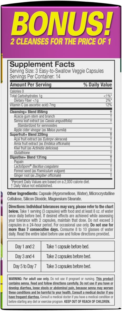 Purely Inspired Organic 7 Day Cleanse, Unique Senna Leaf Extract Formula with Antioxidant (Vitamin C), Superfruits, Probiotic & Digestive Enzymes, 42 Count (packaging may vary): Health & Personal Care