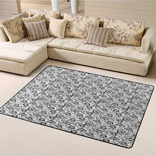 Amazon Com Large Carpet Mat Black And White Nursery Rugs Floor Carpet Yoga Mat Monochrome Flowers With Dots And Swirled Lines Flourishing Nature Design For Bedroom Living Room Black White 4 7 X6 6 Kitchen