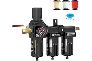 NEWPO 3/8" NPT Air Drying System for Water Separator,3 Stage Compressed Air Filter Regulator Combo, 5＆0.5&0.01 Micron Filter Cartridge,Semi-Auto Drain, Metal Bracket-Black