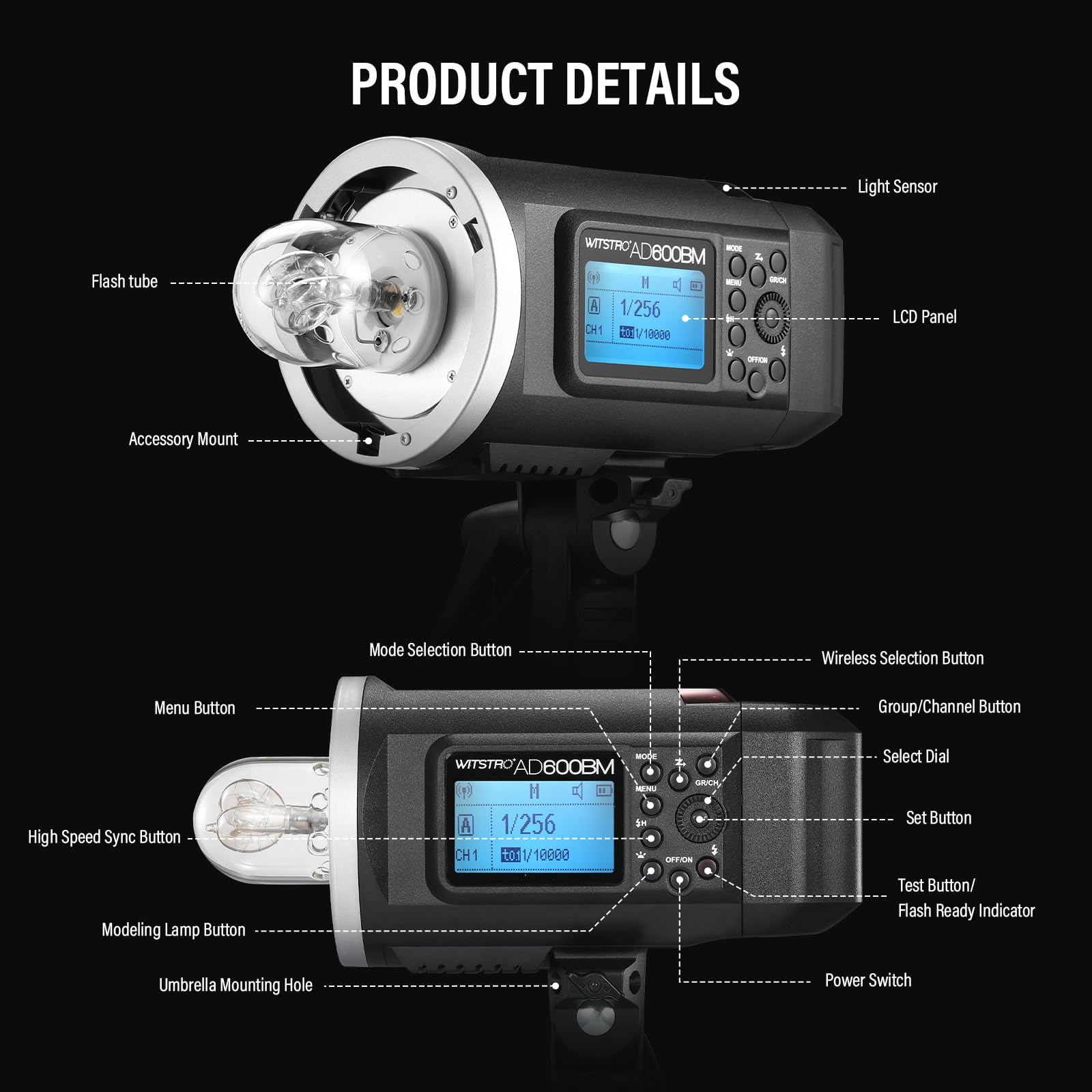Godox AD600BM 600Ws GN87 HSS 1/8000s Outdoor Flash Strobe Studio Monolight with Bowens Mount, 8700mAh Battery, 2.4G Wireless X System with Standard Reflector