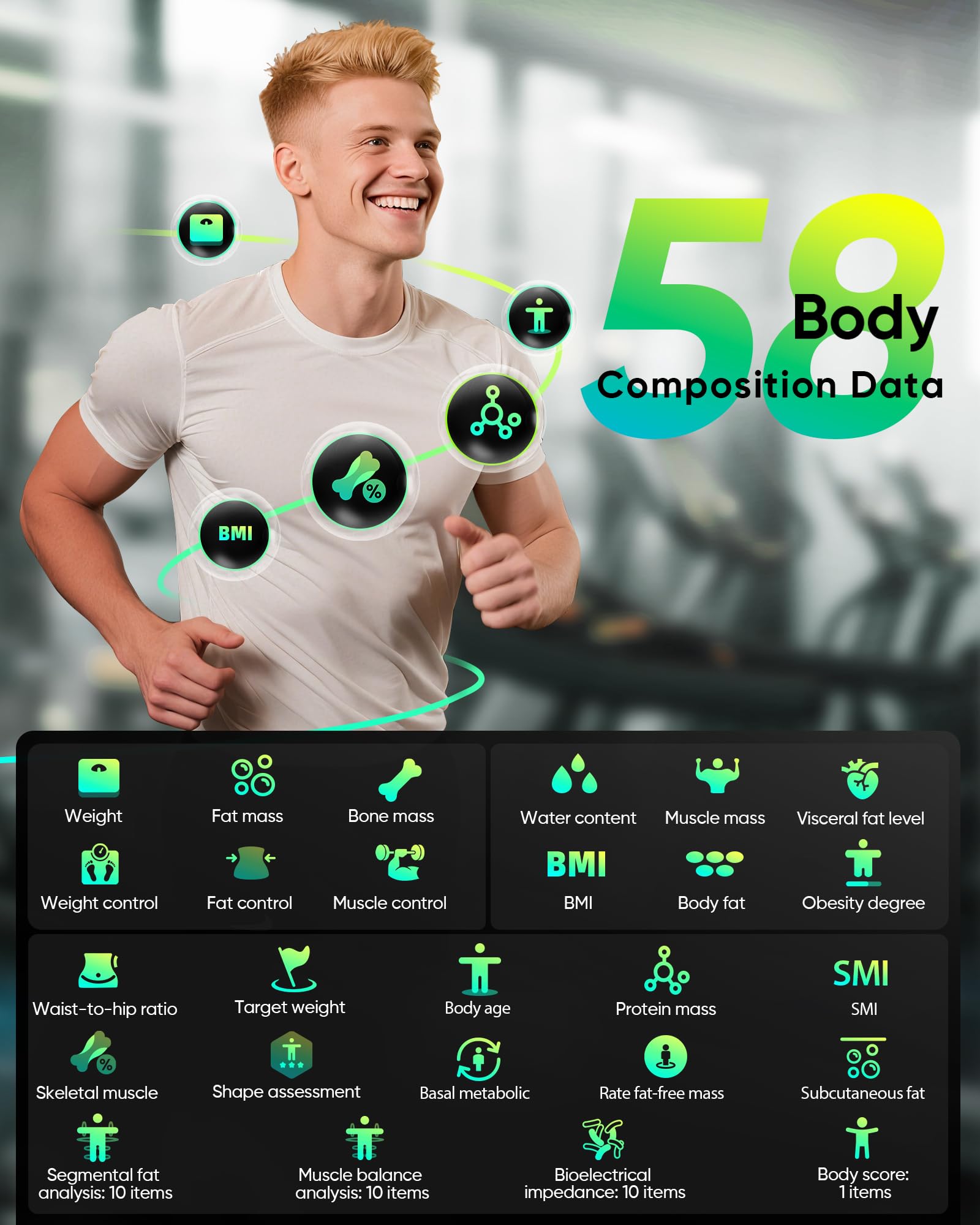 Scales for Body Weight, Digital Body Fat Scales with 8 Electrodes, 58 Body Datas Smart Scales with App, Bluetooth Full Body Composition Scale for BMI, Muscle Mass, BMR, Large LCD Display, 180kg/400lb