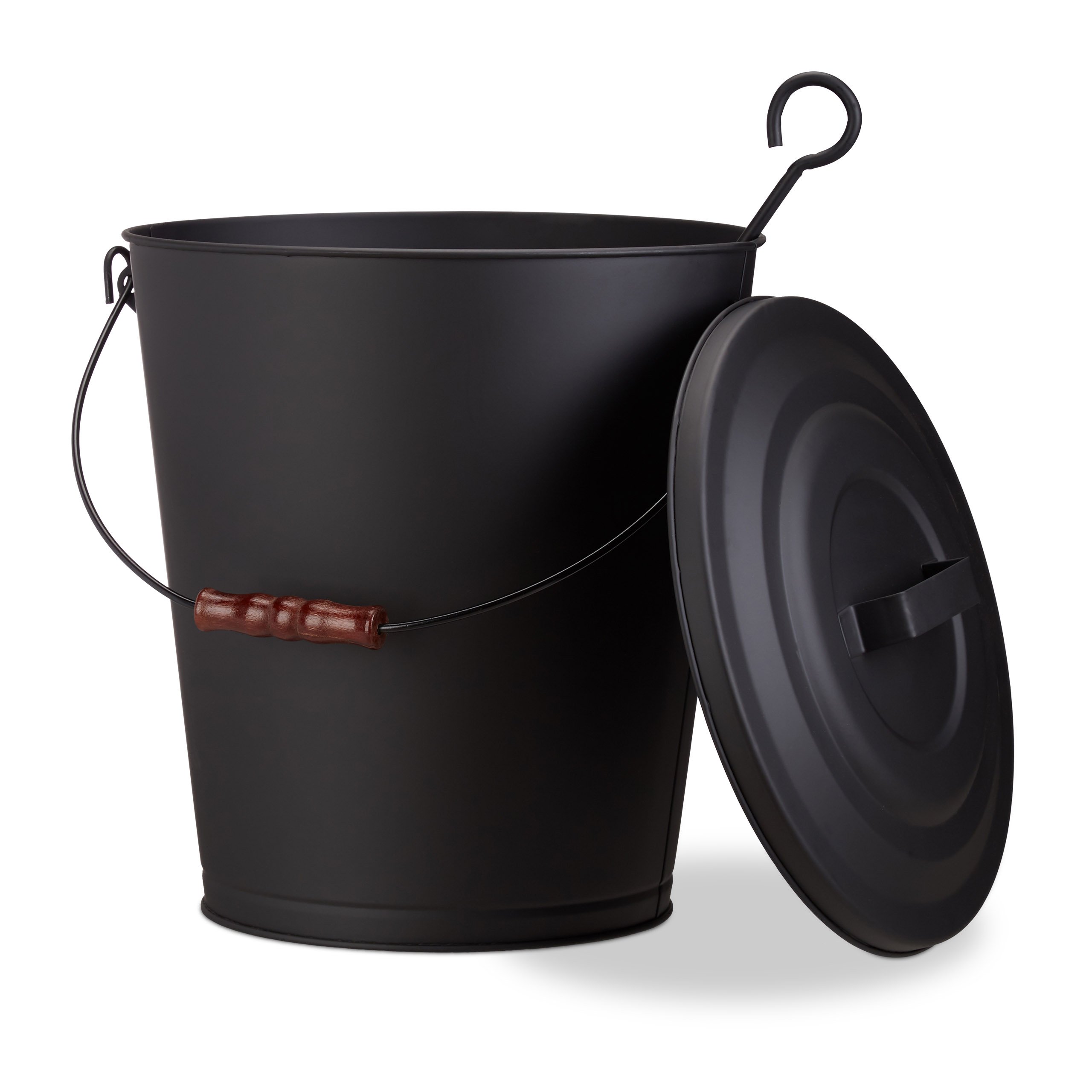 Relaxdays Ash Bucket with Lid, Steel 24 L Charcoal Bin, With Wooden Handle, Black