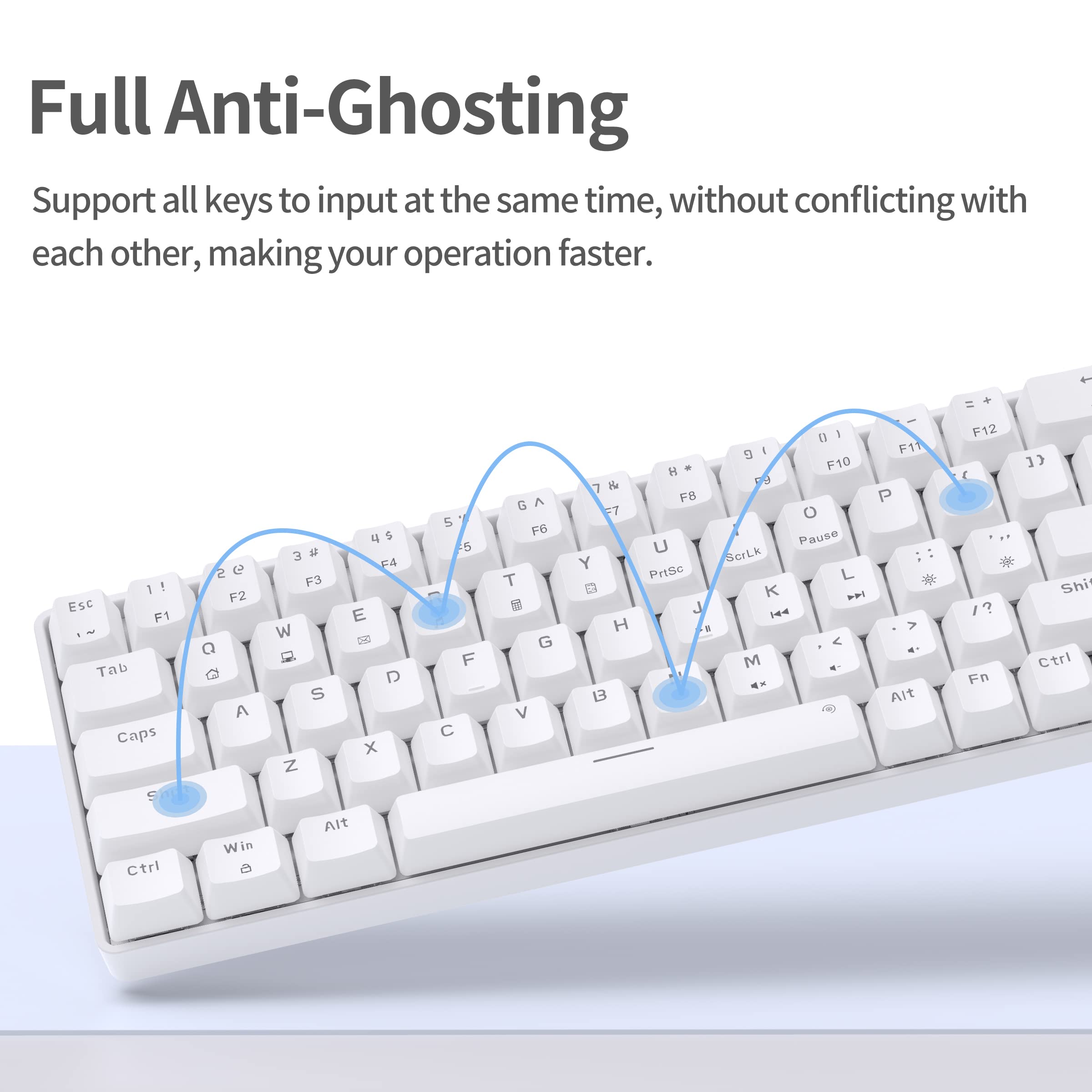 TMKB T68SE Gaming Keyboard, 60% Mechanical Keyboard, LED Backlit Ultra-Compact 68 Keys Wired Mini Keyboard with Separate Arrow/Control Keys for Windows Laptop PC Gamer Typist with Red Switch-White