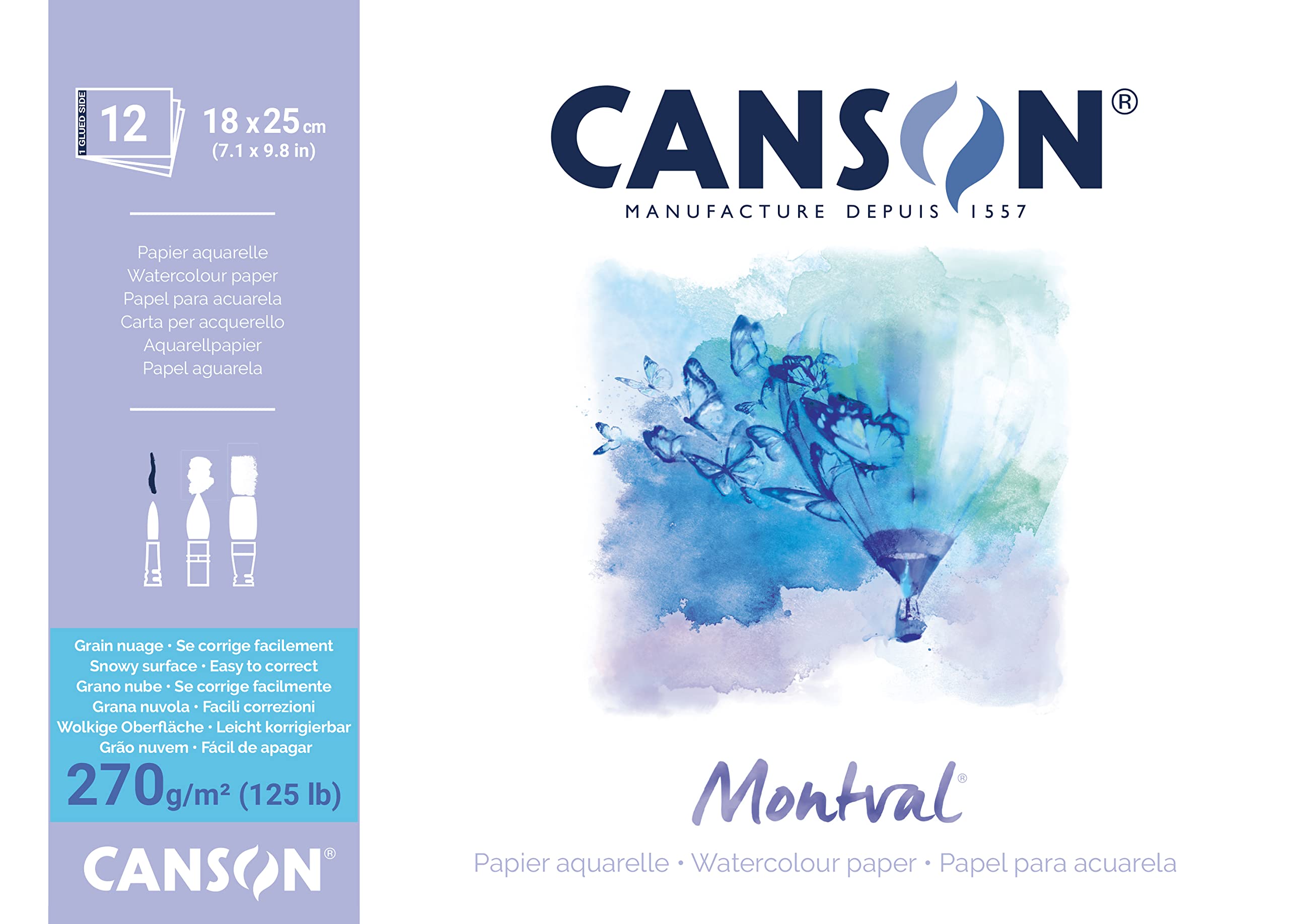 Canson Montval 270gsm watercolour practice paper pad including 12 sheets, size:18x25cm, natural white and Snowy grain texture