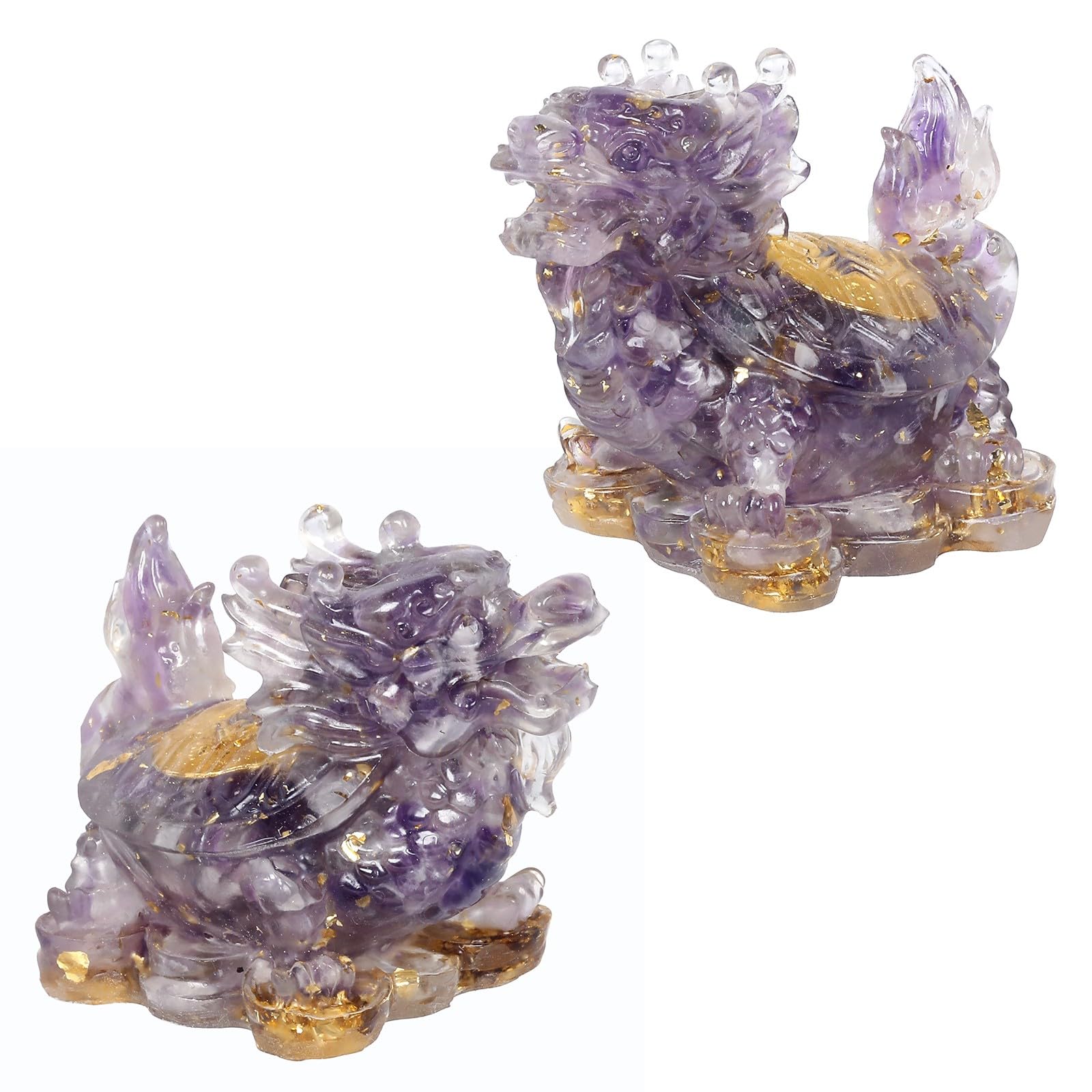 KYEYGWO Pack of 2 Dragon Turtle Crystal Statue Resin Animal Figures Collectible Figurine Feng Shui Ornament for Prosperity Wealth Good Luck, Amethyst