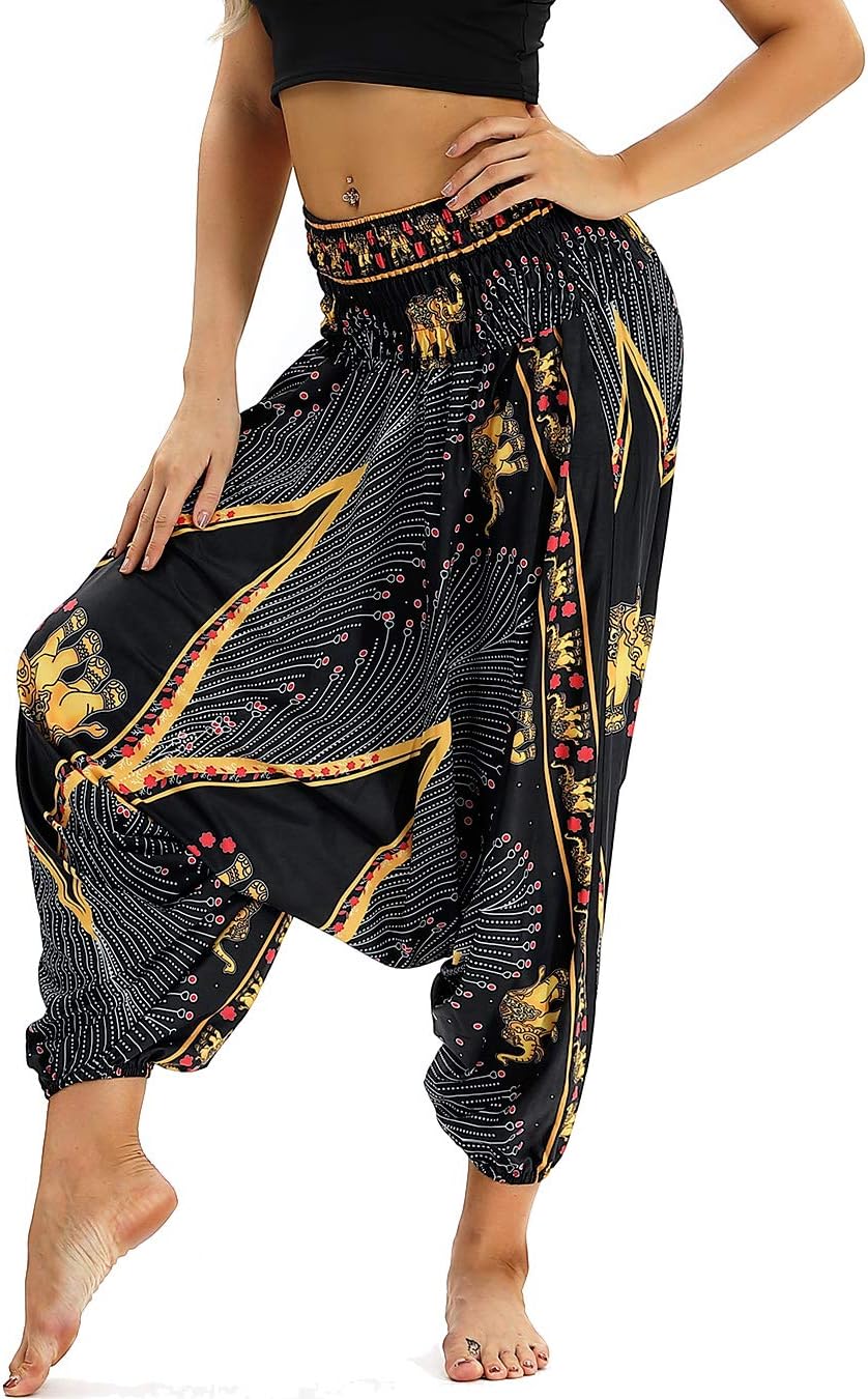 NuofengkuduNuofengkudu Women Hippie Low Crotch Harem Hippie Pants Boho Patterned Baggy Trousers Lounge Wear