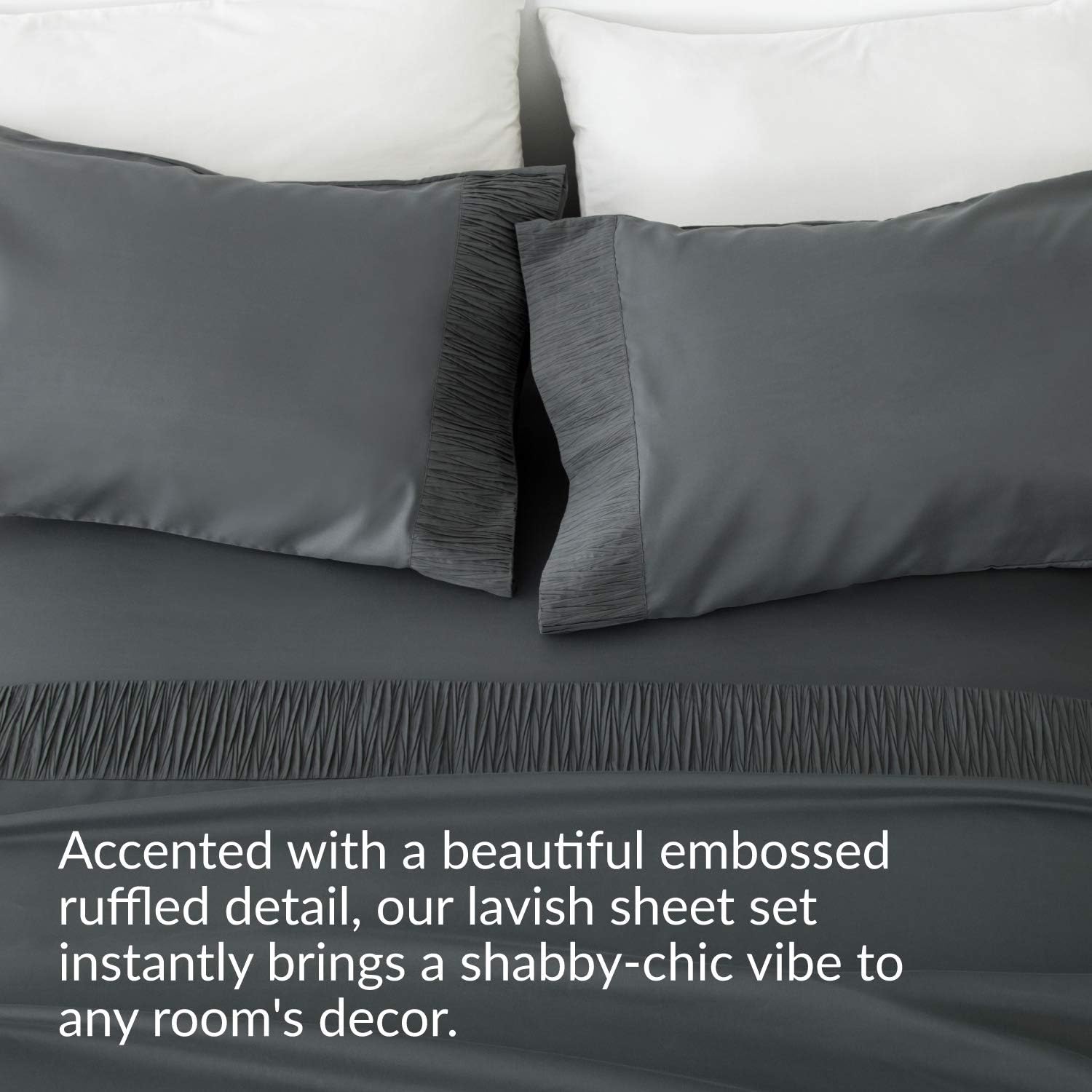 Bedsure Queen Size Sheets- Ruffled Embossed Bed Sheet Set - Soft Brushed Microfiber, Wrinkle Resistant Sheet - 14 inches Deep Pocket - 4-Pieces (Dark Grey): Kitchen & Dining