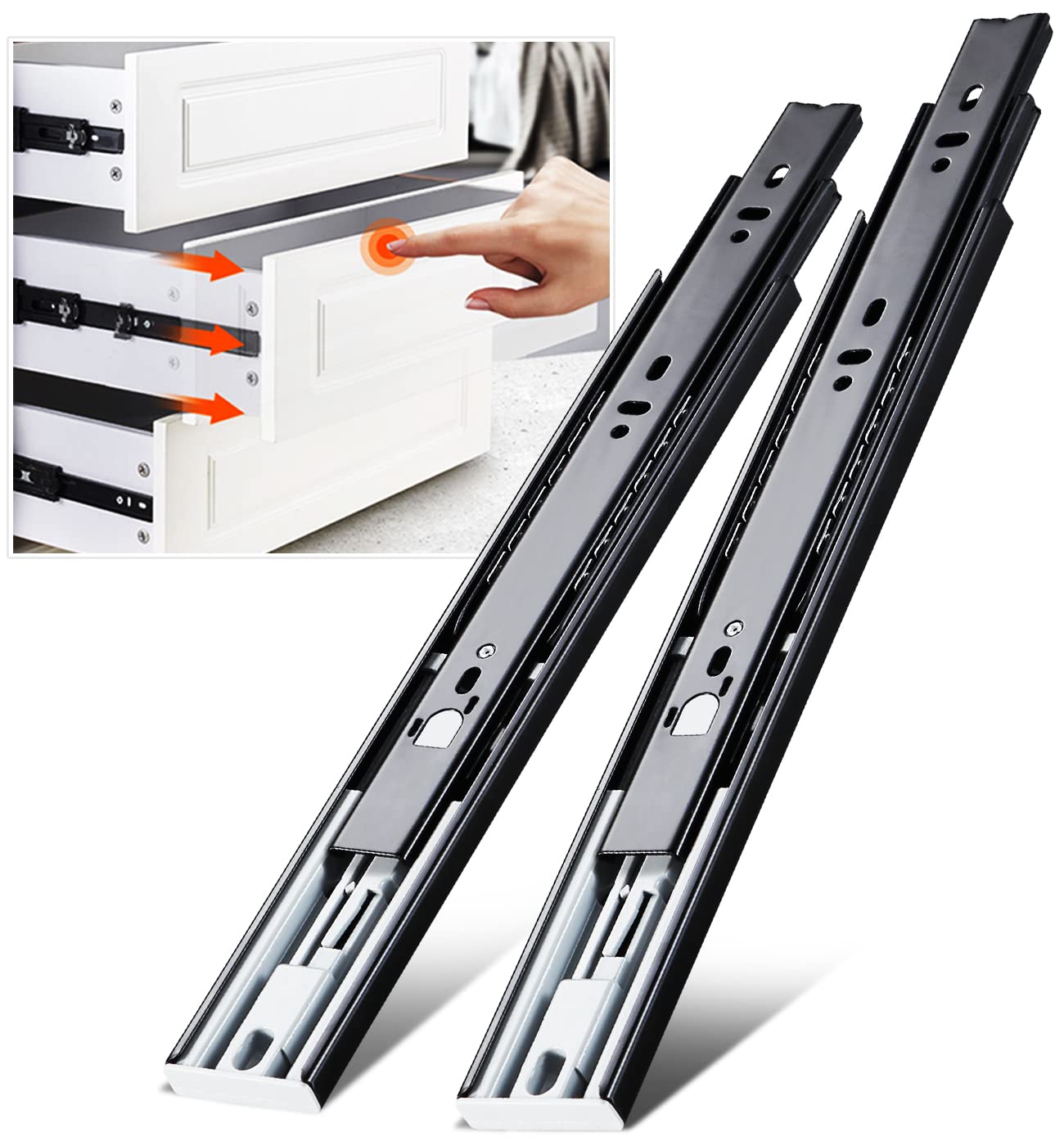 Push to Open Drawer Runners Full Extension 300 350 400 450 500 550 600 mm Ball Bearing Drawer Runners Slides Replacement Rails Track Guide Glides for Kitchen Bedroom Cabinets Heavy Duty 45kg 1 Pair