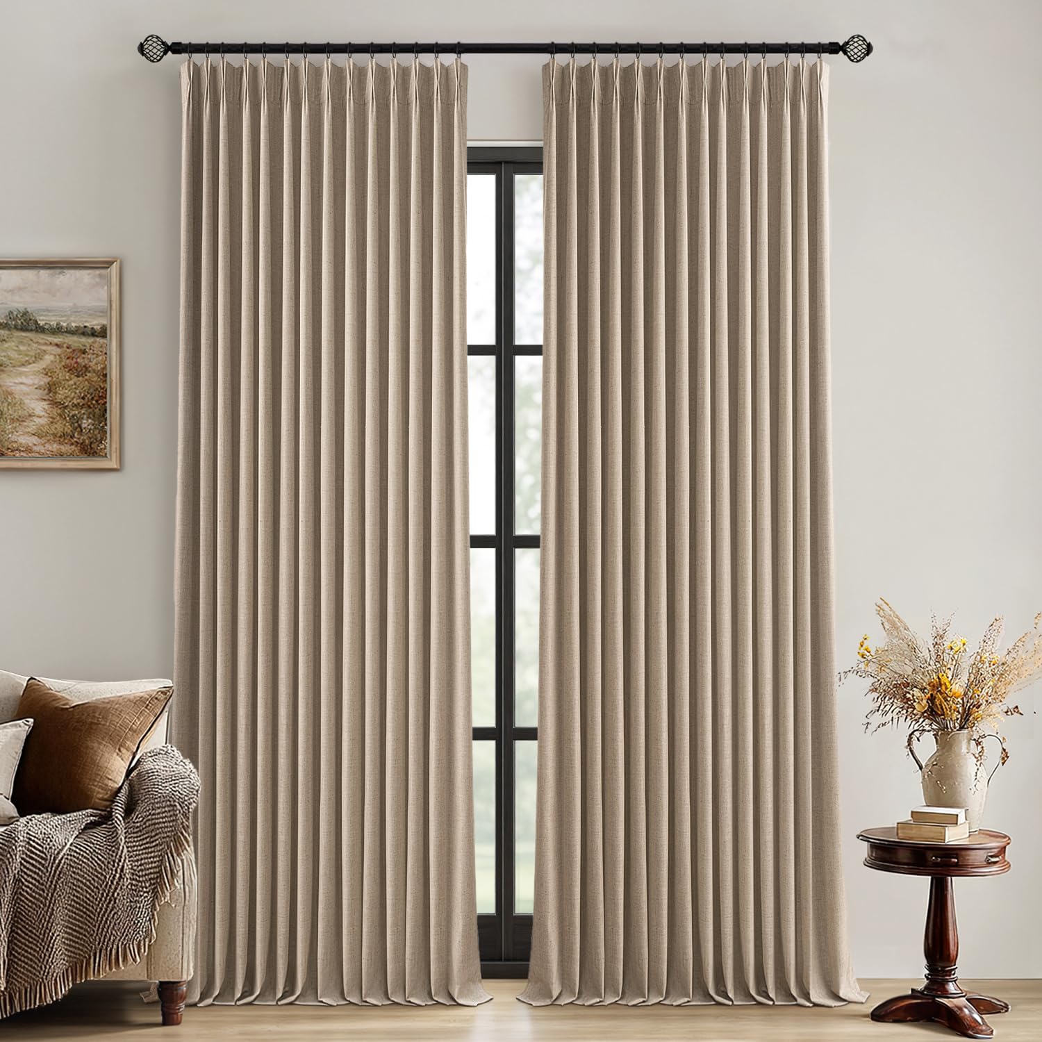 Photo 1 of MIULEE Copper Brown Pinch Pleated 100% Blackout Linen Curtains for Bedroom, Room Darkening Memory Trained Light Blocking Window Curtain 84 inches Long for Living Room, Black Out Pleat Drapes, 2 Panels