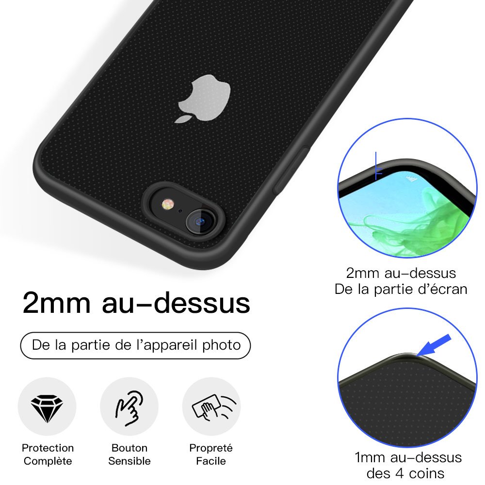 JSB Coque iPhone 7/8 Coque Transparent de PC avce TPU Silicone Bumper Housse de Protection Anti-jaunissement Ultra Léger Etui Crystal Clear Case Ultra Mince pour iPhone 7/8-Noir