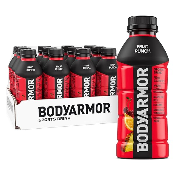 BODYARMOR SPORTS DRINK SPORTS BEVERAGE, FRUIT PUNCH, COCONUT WATER HYDRATION, NATURAL FLAVORS WITH VITAMINS, POTASSIUM-PACKED ELECTROLYTES, PERFECT FOR ATHLETES, 16 FL OZ (PACK OF 12)