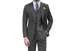 PYIUHS Retro Mens 3 Piece Suit Tweed Herringbone Slim Fit Suits Groomsmen Brown Tuxedos Set Prom Jacket Blazer Vest Pants for Men