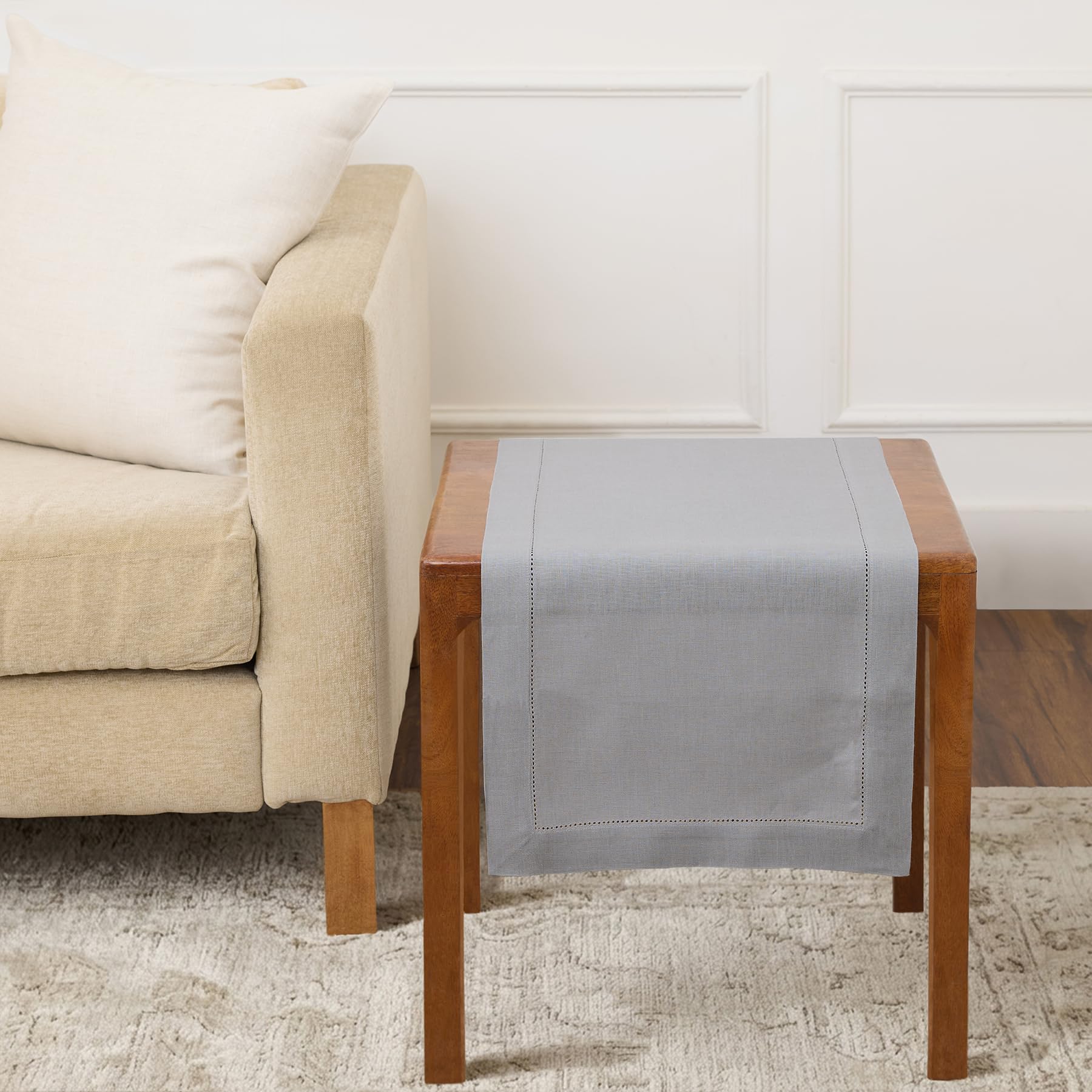 Solino Home Linen Soft Grey Table Runner 36 Inches - Classic Hemstitch, 100% Pure Linen Coffee Table Runner 14 x 36 Inch Ideal for Dresser Tables - Spring, Summer, Mothers Day