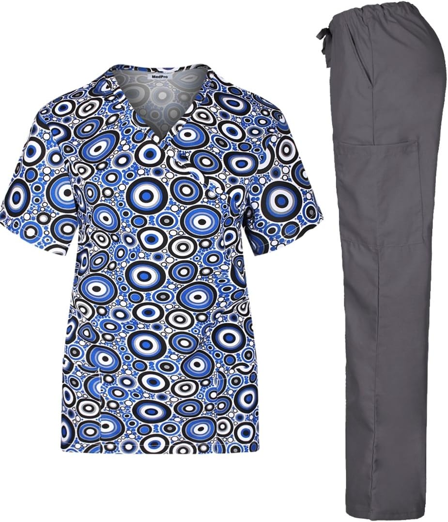 MedPro Women's Printed Medical Scrub Set Mock Wrap Top and Cargo PantsÂ