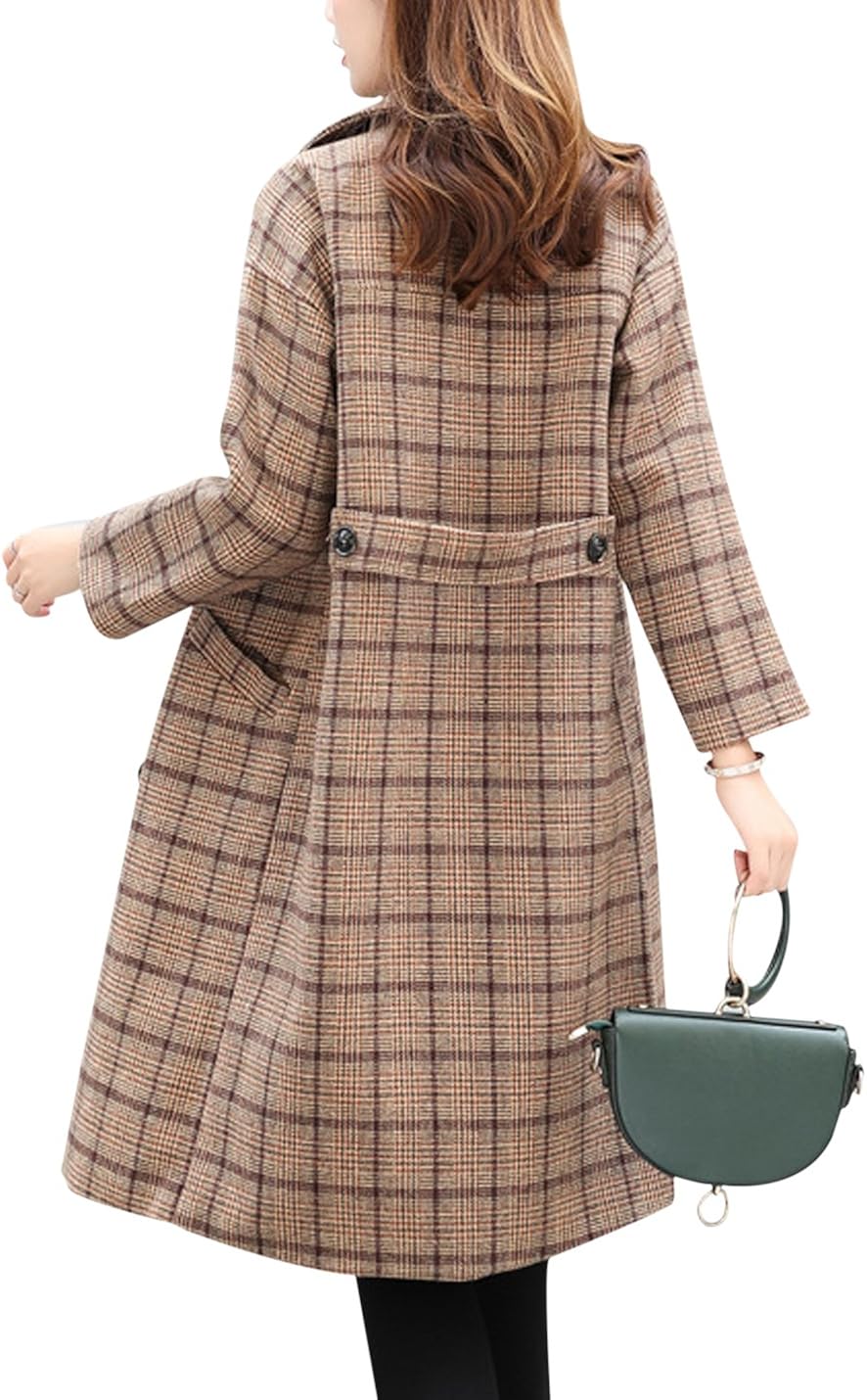 Tanming Women's Double Breasted Long Plaid Wool Blend Pea Coat Outerwear: Clothing