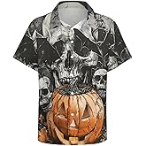 RASBCTK Men’s Halloween Skull Pumpkin Shirt Spooky Cat Hawaiian Button Down Shirts Short Sleeve