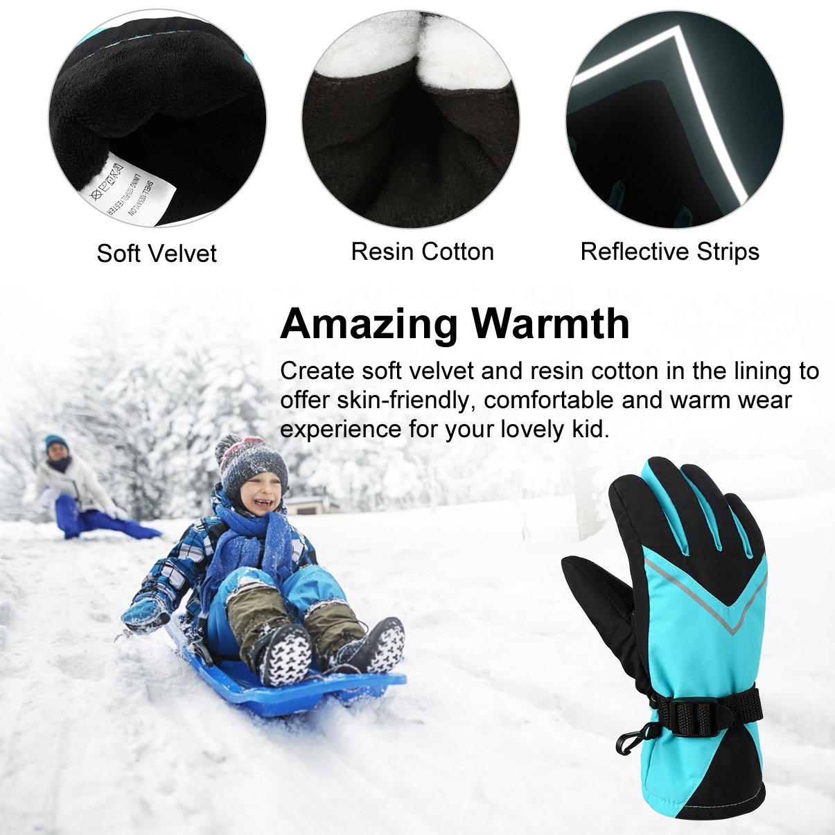 Vbiger Kinder Skihandschuhe Schnee Handschuhe Outdoor Sporthandschuhe with Anti-Rutsch Plam Winddicht Wasserdicht Warme Winter Handschuhe for 6-14 Jahre alt Junge und Mädchen